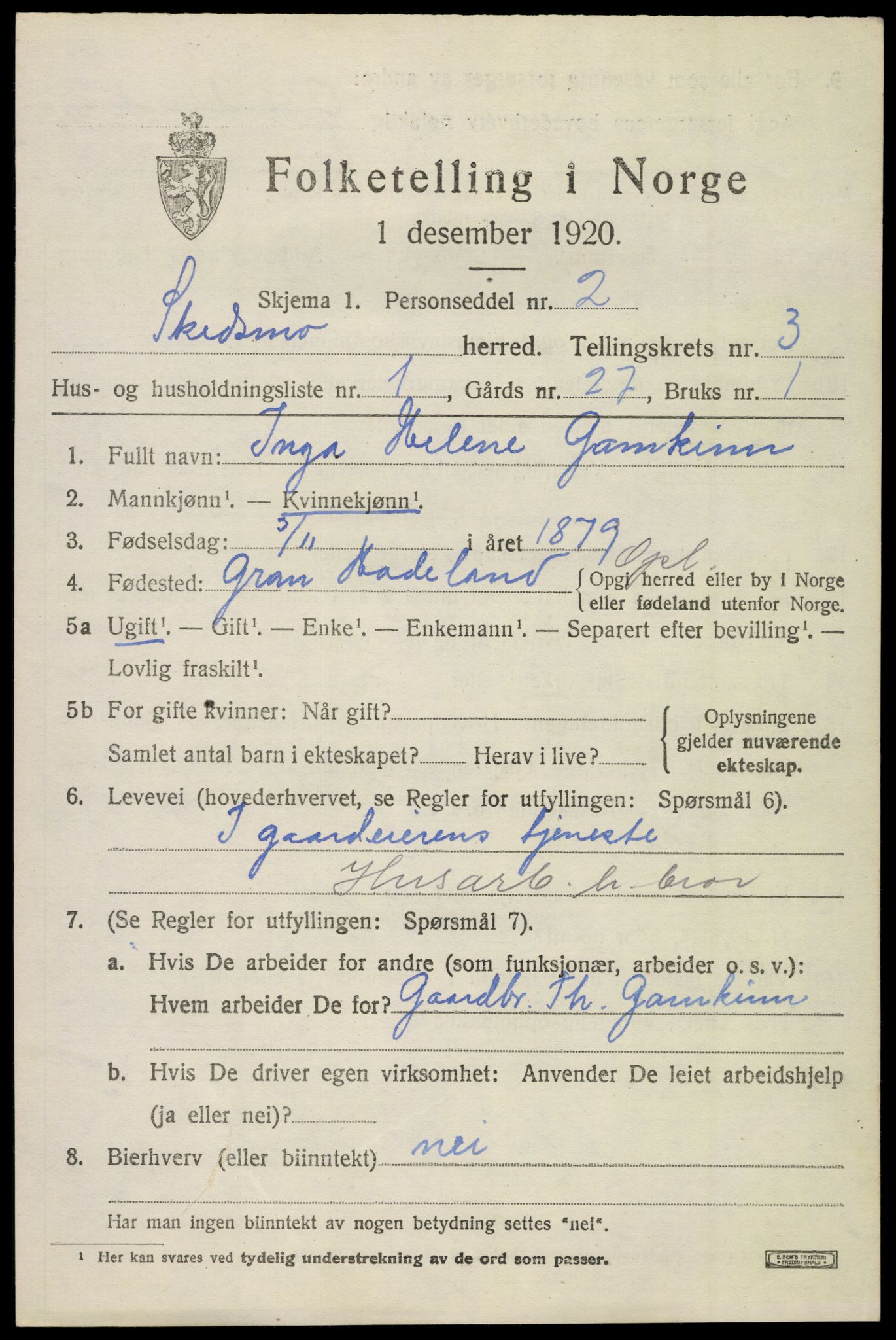 SAO, 1920 census for Skedsmo, 1920, p. 3585