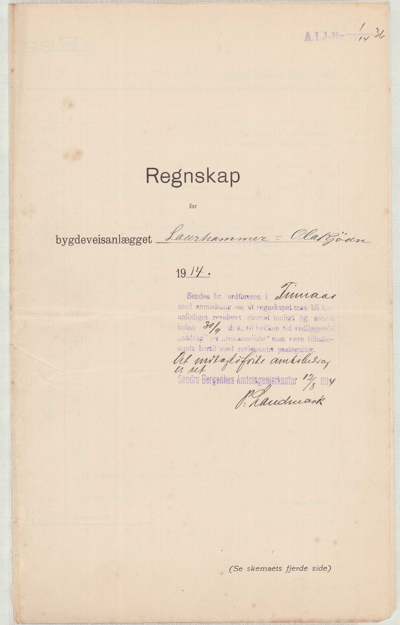 Finnaas kommune. Formannskapet, IKAH/1218a-021/E/Ea/L0001/0004: Rekneskap for veganlegg / Rekneskap for veganlegget Laurhammer - Olakjødn, 1913-1916, p. 13