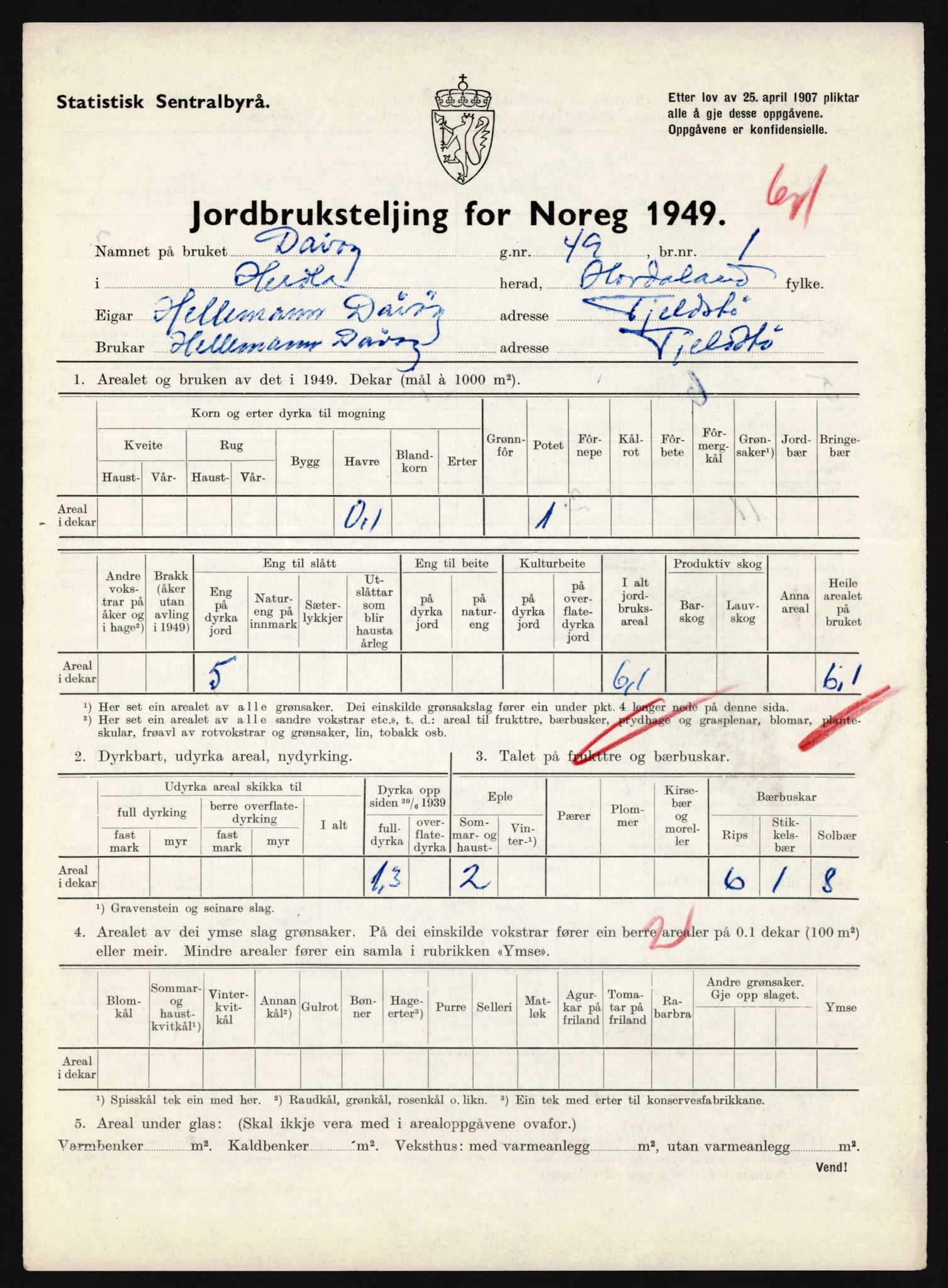 Statistisk sentralbyrå, Næringsøkonomiske emner, Jordbruk, skogbruk, jakt, fiske og fangst, AV/RA-S-2234/G/Gc/L0276: Hordaland: Herdla og Hjelme, 1949, p. 352