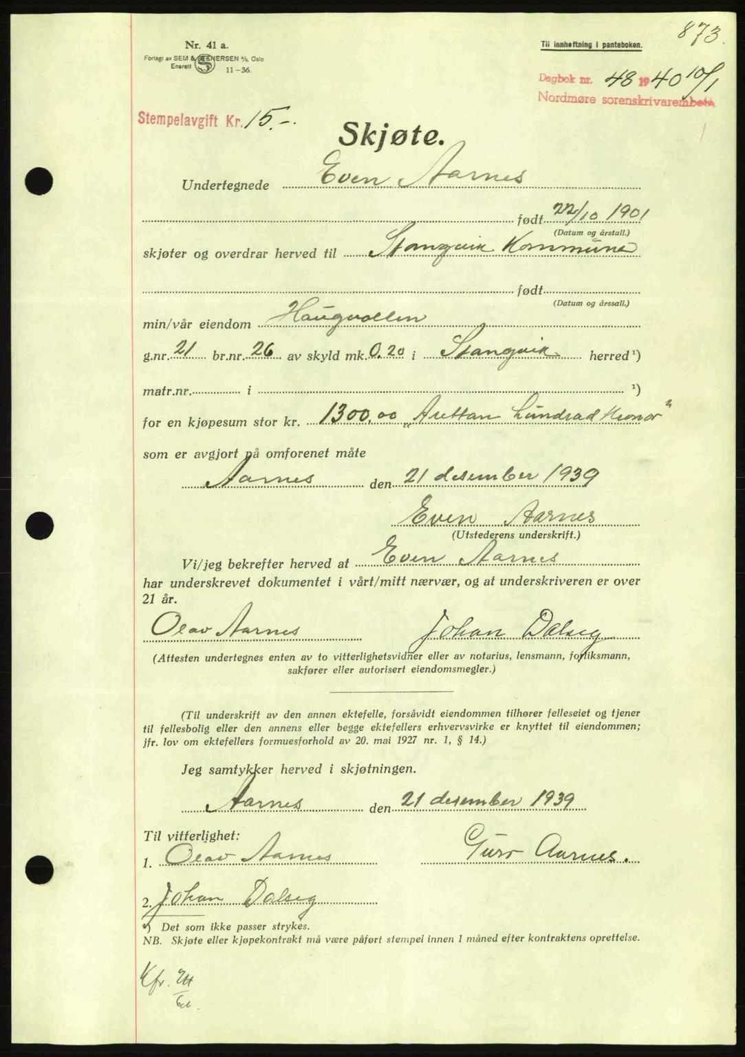 Nordmøre sorenskriveri, AV/SAT-A-4132/1/2/2Ca: Mortgage book no. A87, 1939-1940, Diary no: : 48/1940