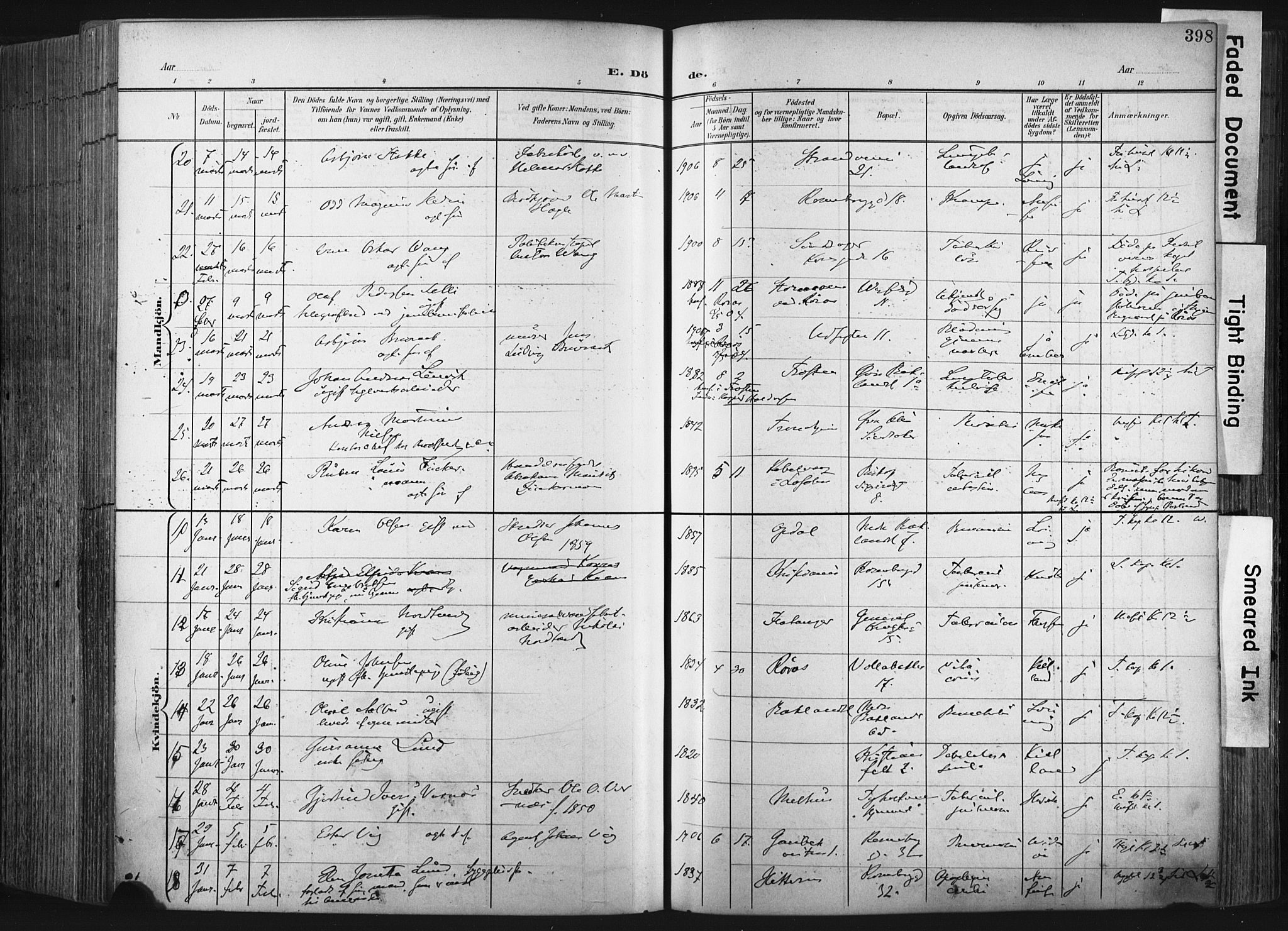 Ministerialprotokoller, klokkerbøker og fødselsregistre - Sør-Trøndelag, AV/SAT-A-1456/604/L0201: Parish register (official) no. 604A21, 1901-1911, p. 398