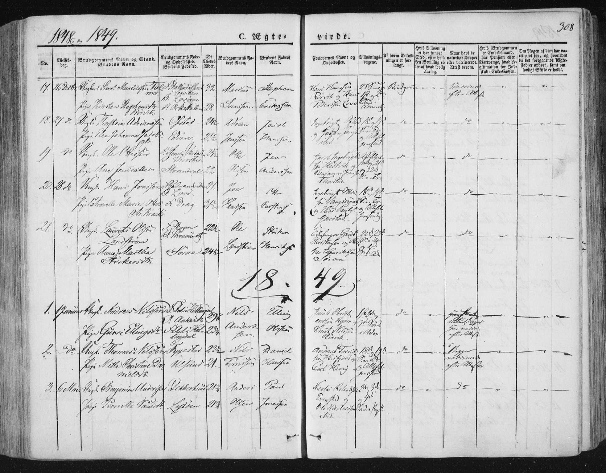 Ministerialprotokoller, klokkerbøker og fødselsregistre - Nord-Trøndelag, SAT/A-1458/784/L0669: Parish register (official) no. 784A04, 1829-1859, p. 308