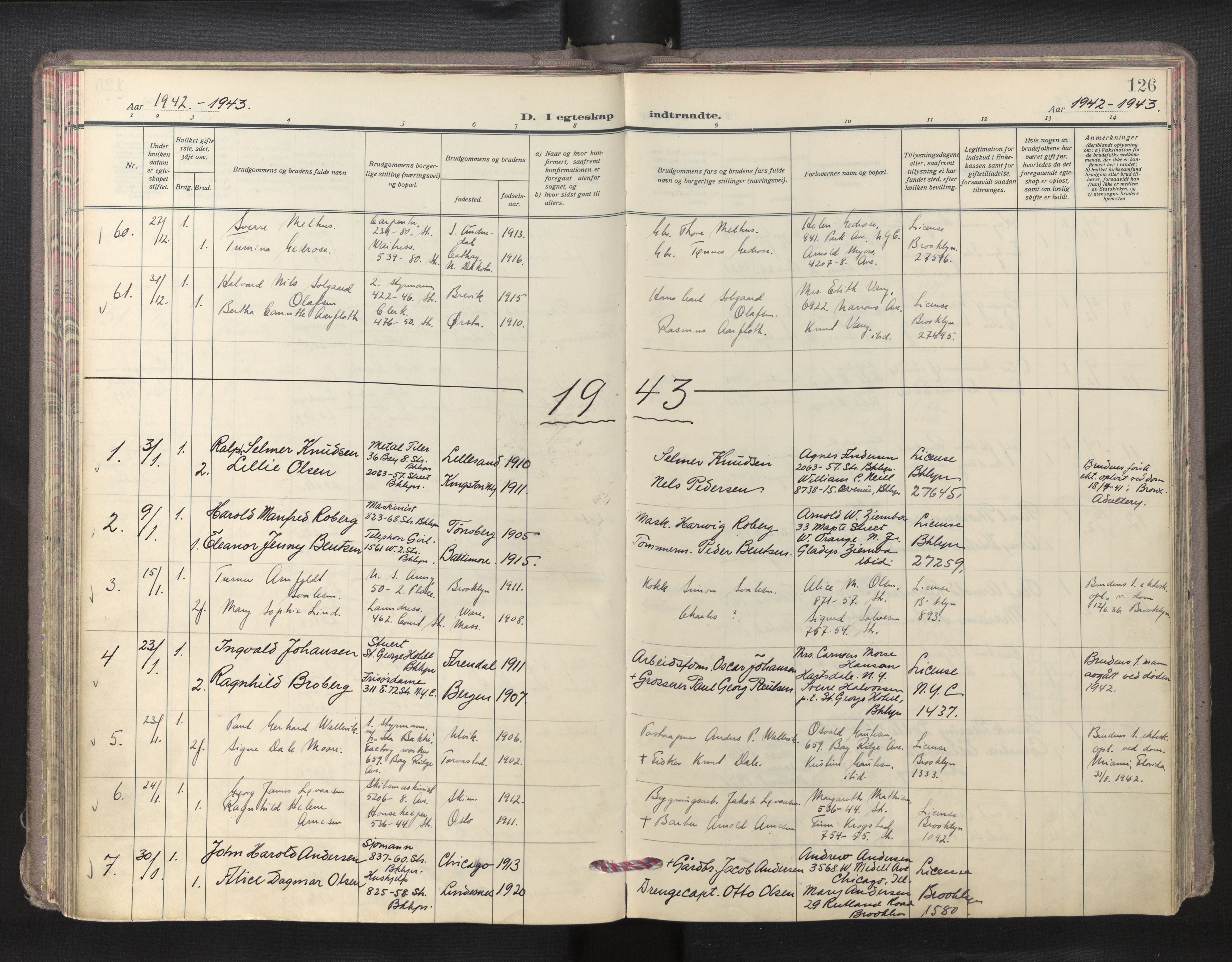 Den norske sjømannsmisjon i utlandet/New York, SAB/SAB/PA-0110/H/Ha/L0009: Parish register (official) no. A 9, 1935-1945, p. 125b-126a