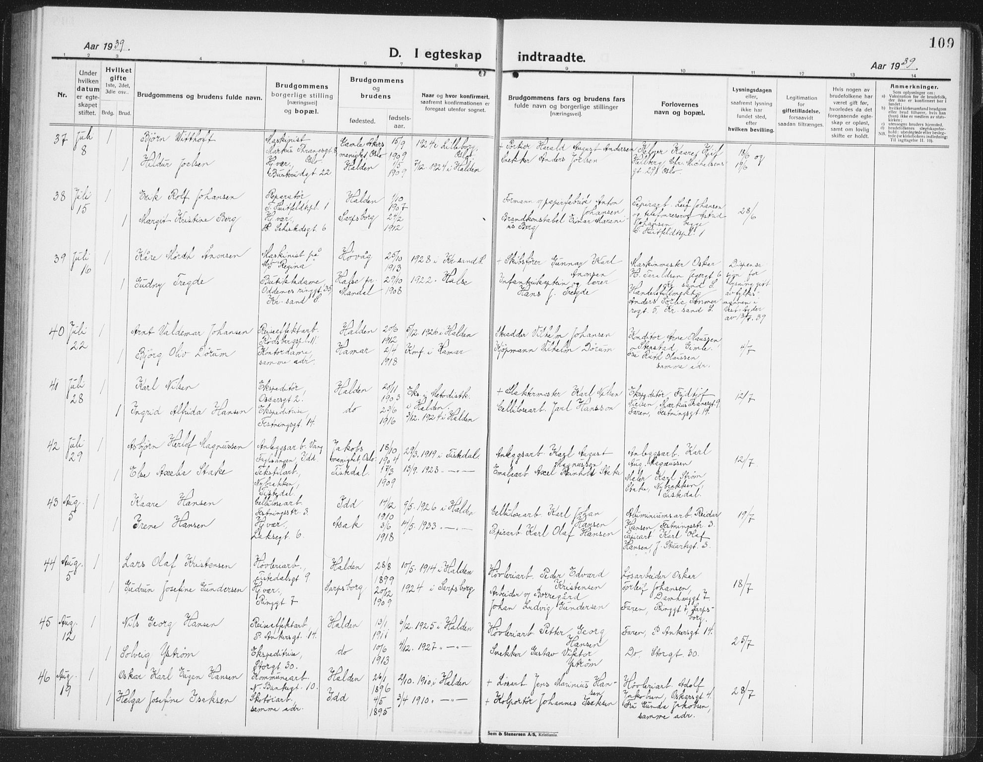 Halden prestekontor Kirkebøker, AV/SAO-A-10909/G/Ga/L0014: Parish register (copy) no. 14, 1925-1943, p. 109