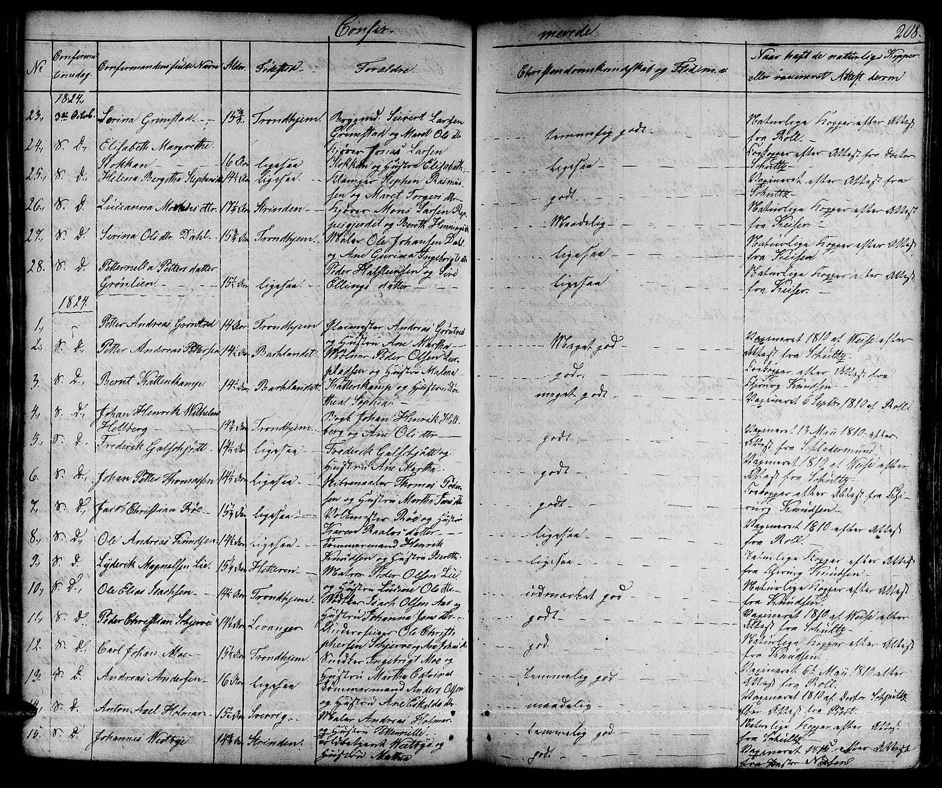Ministerialprotokoller, klokkerbøker og fødselsregistre - Sør-Trøndelag, SAT/A-1456/601/L0045: Parish register (official) no. 601A13, 1821-1831, p. 208