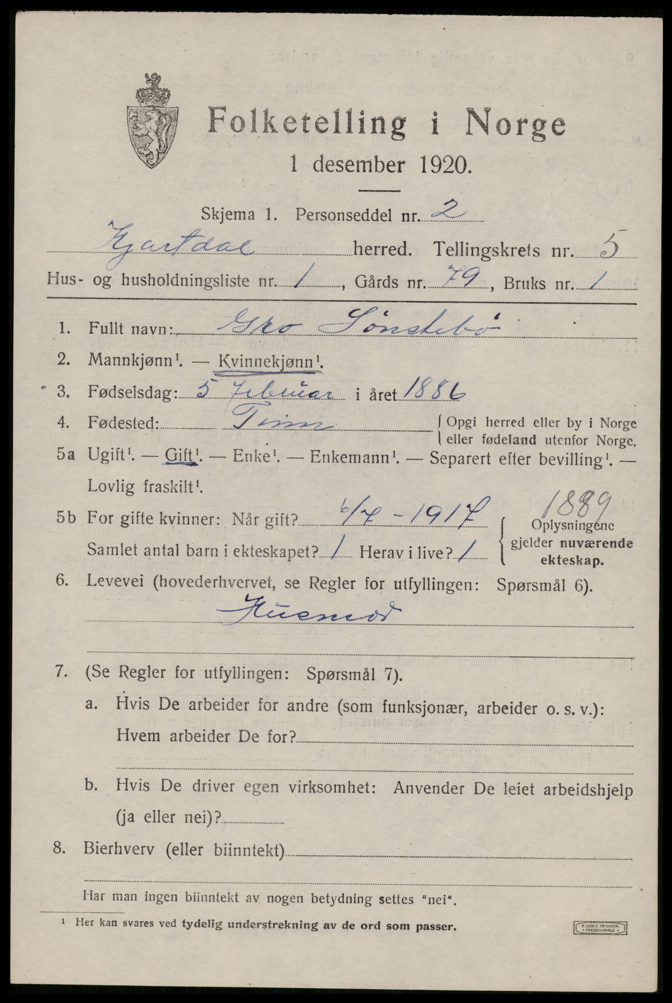 SAKO, 1920 census for Hjartdal, 1920, p. 3472