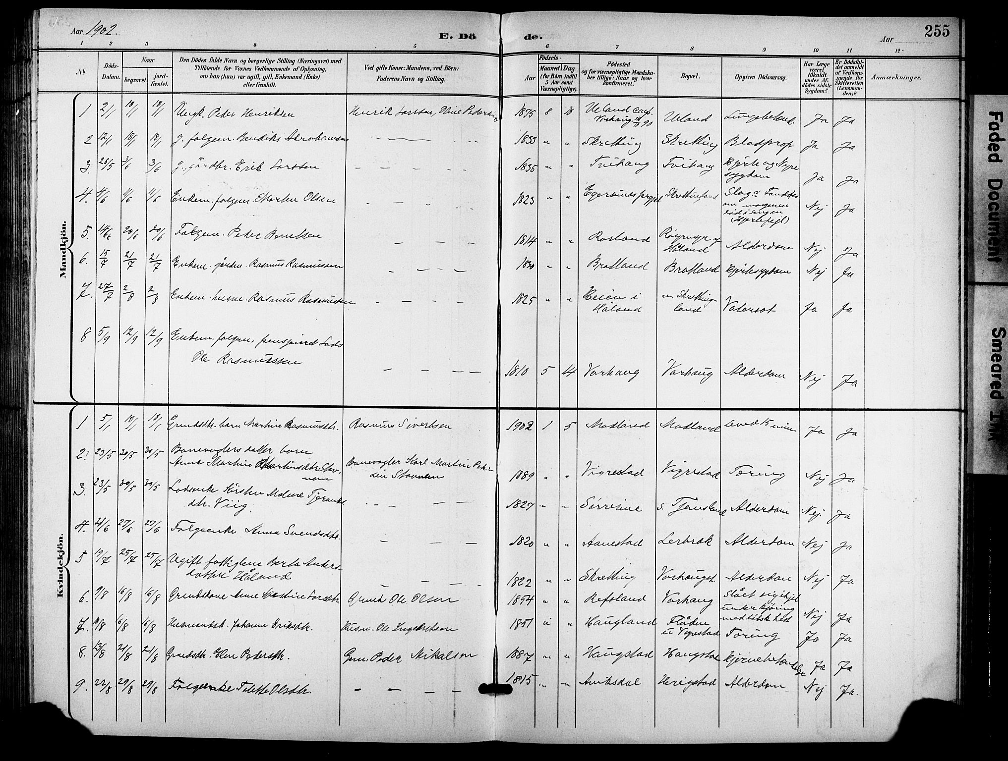 Hå sokneprestkontor, AV/SAST-A-101801/001/30BB/L0006: Parish register (copy) no. B 6, 1900-1924, p. 255