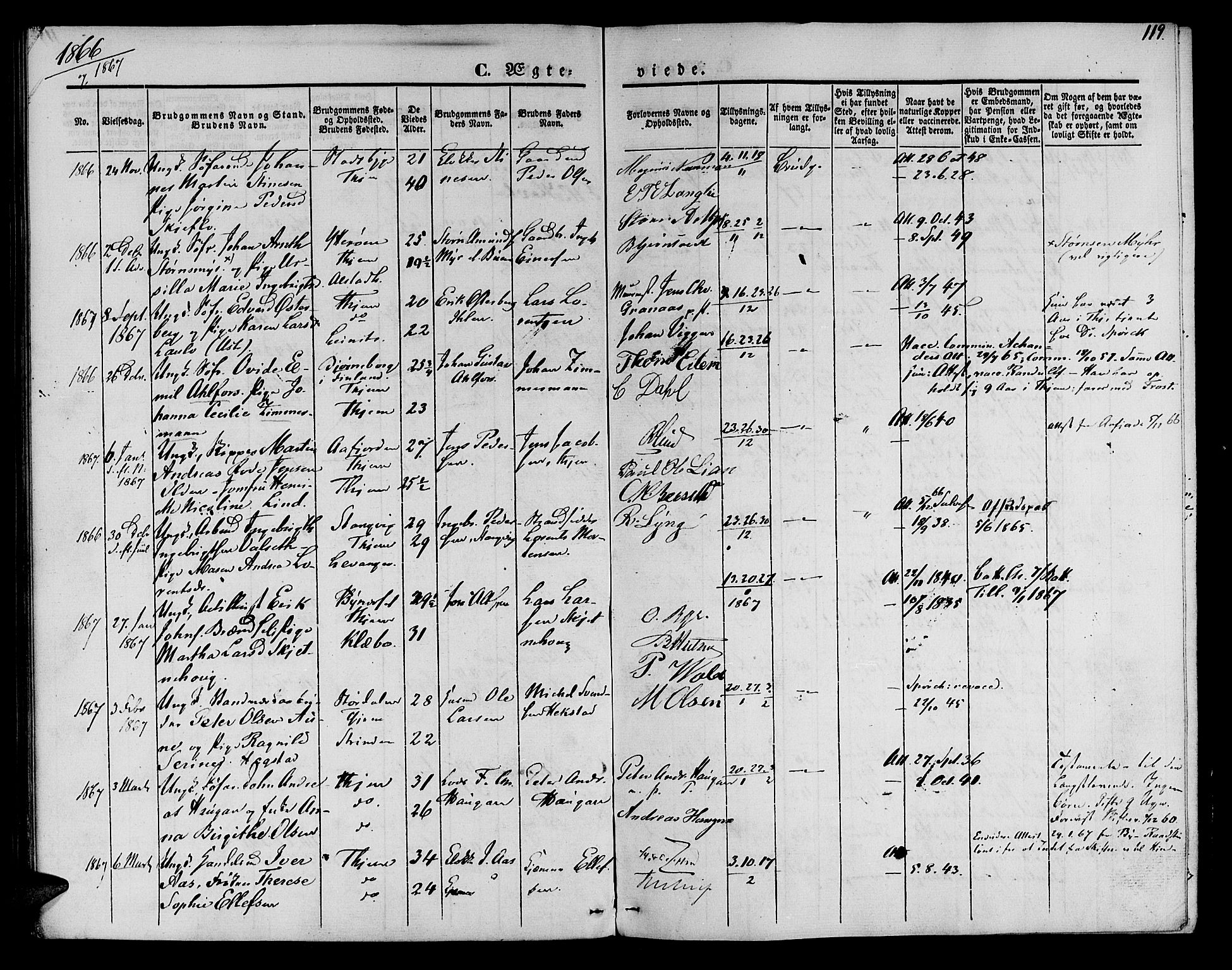 Ministerialprotokoller, klokkerbøker og fødselsregistre - Sør-Trøndelag, SAT/A-1456/602/L0111: Parish register (official) no. 602A09, 1844-1867, p. 119