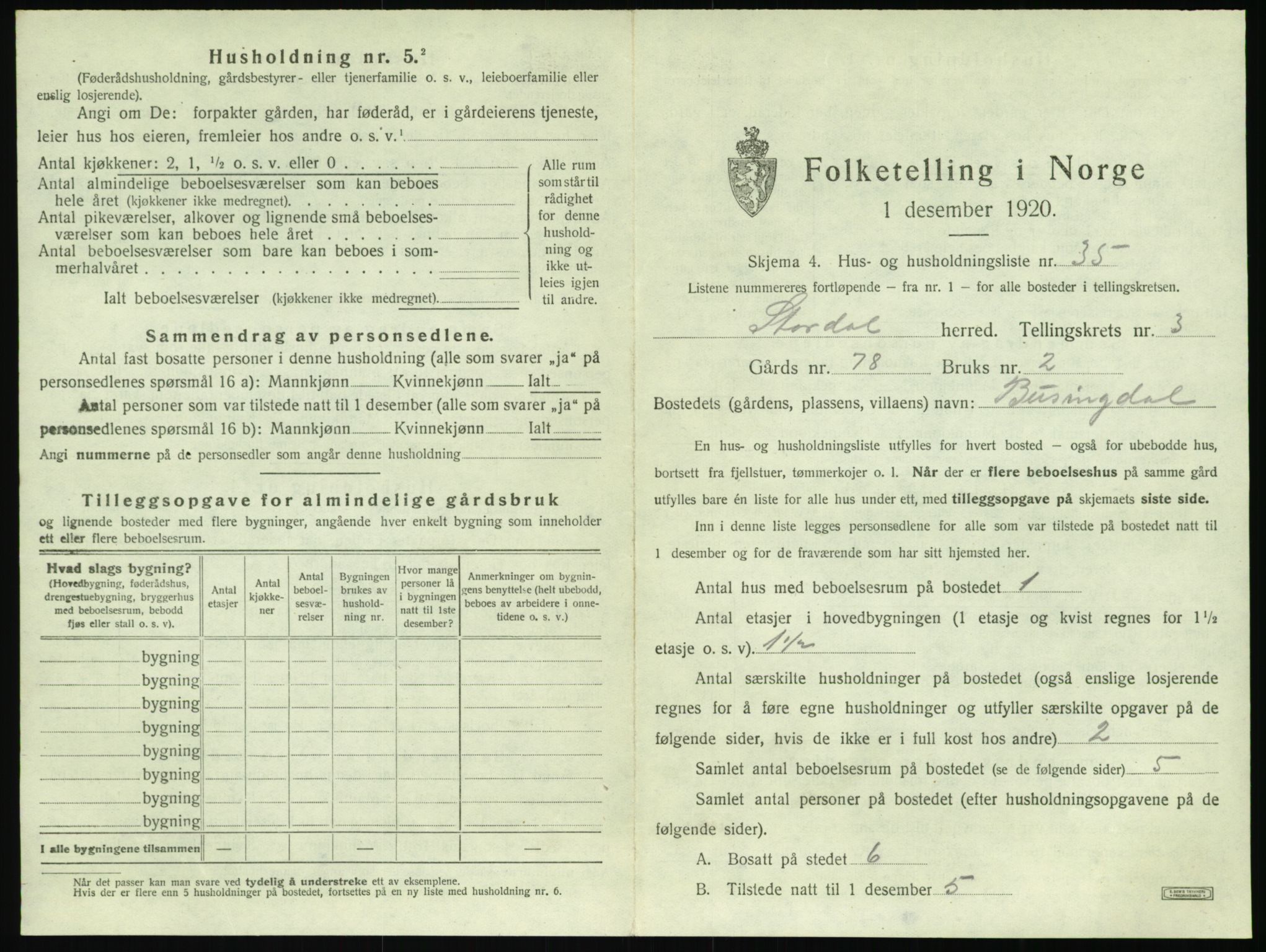 SAT, 1920 census for Stordal, 1920, p. 170