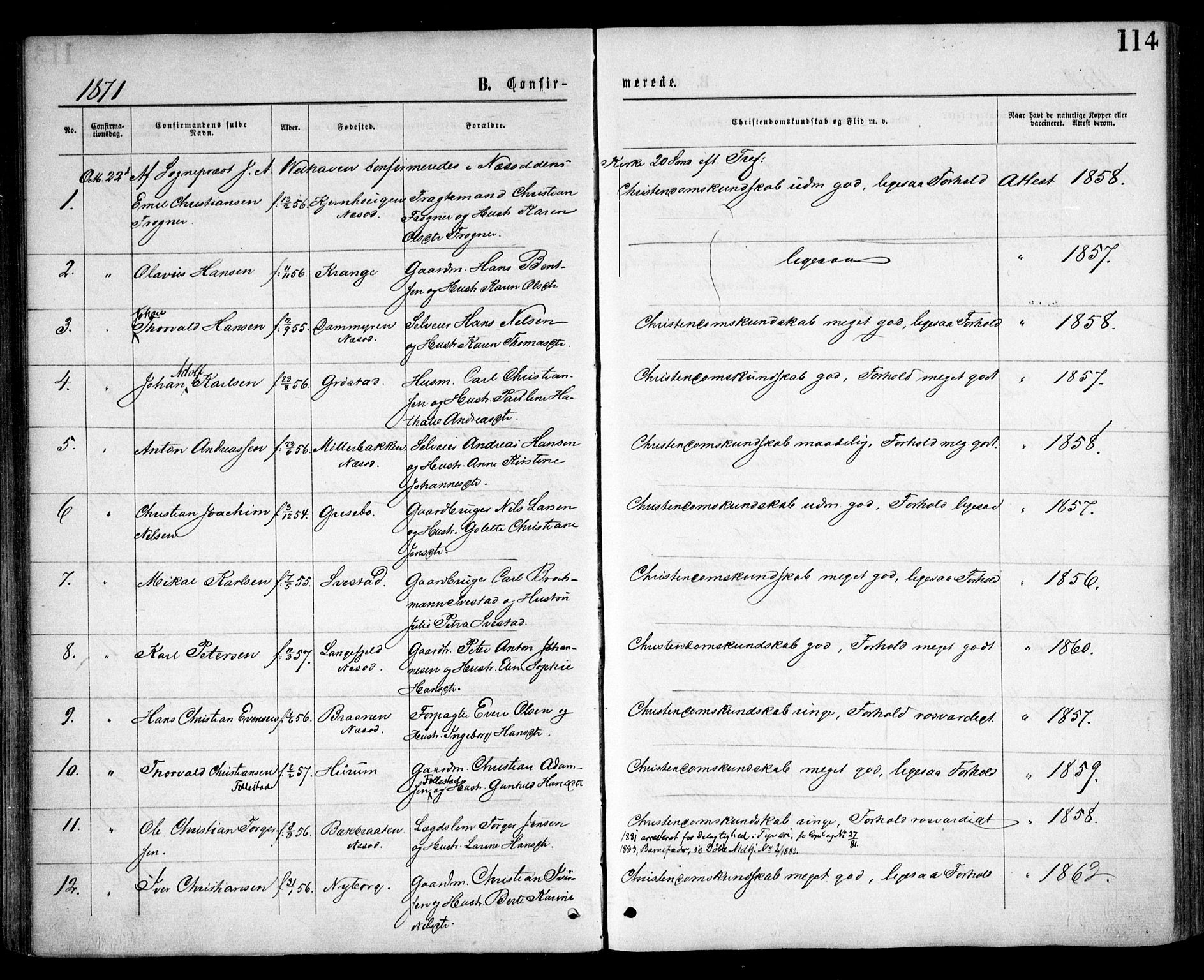 Nesodden prestekontor Kirkebøker, SAO/A-10013/F/Fa/L0008: Parish register (official) no. I 8, 1869-1879, p. 114