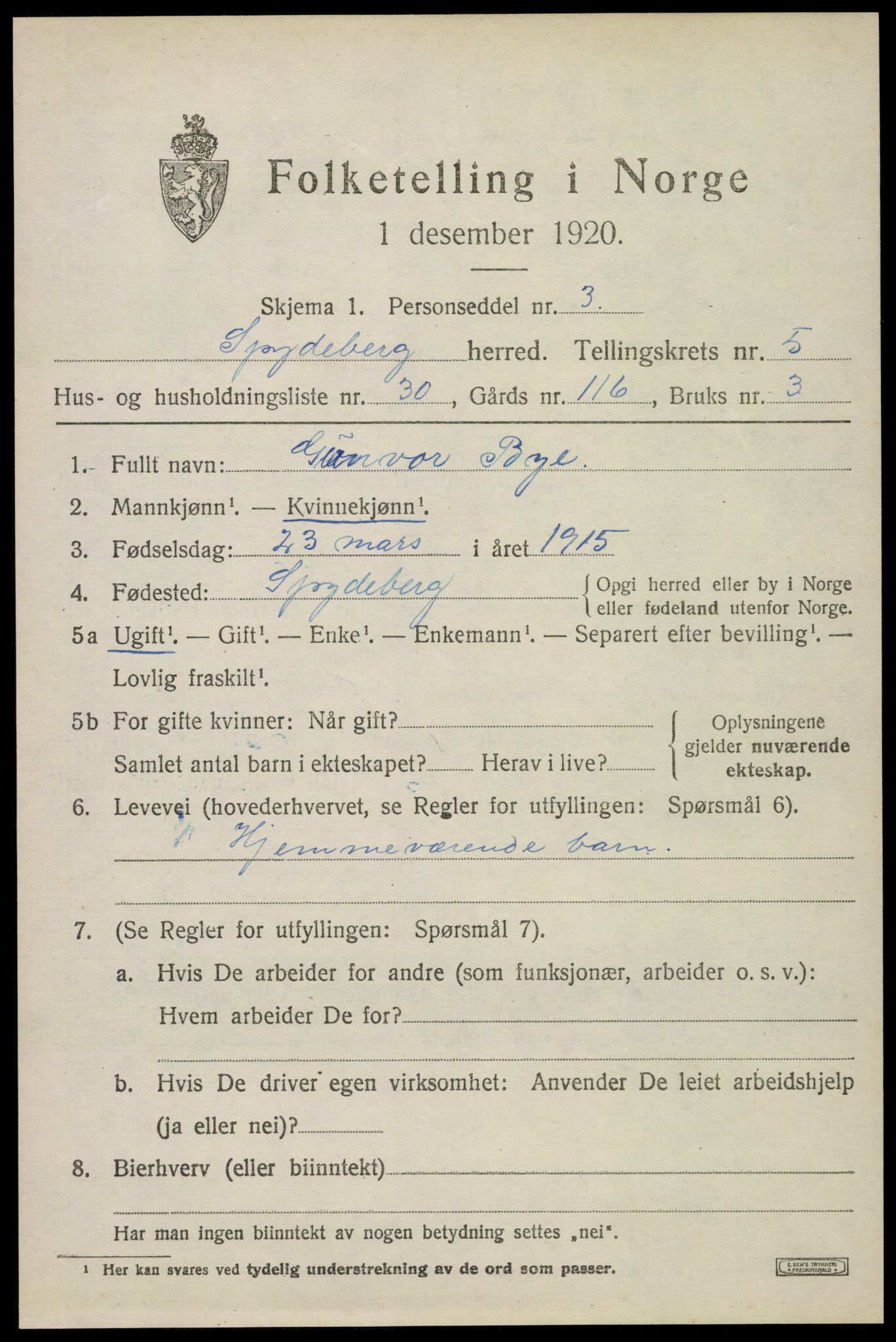 SAO, 1920 census for Spydeberg, 1920, p. 6473