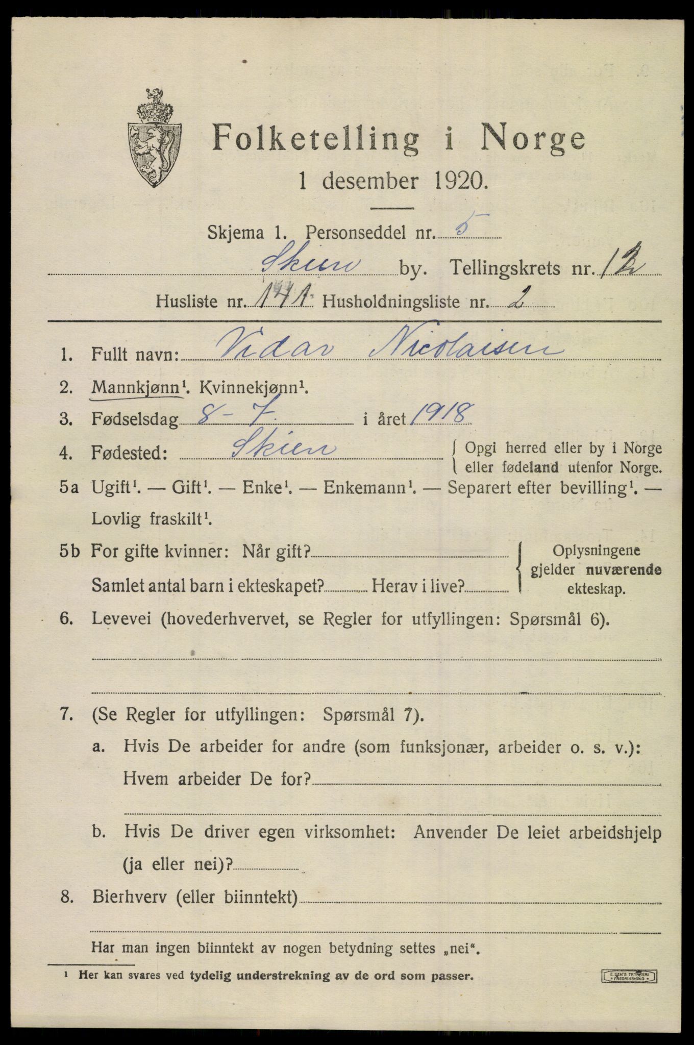 SAKO, 1920 census for Skien, 1920, p. 39462