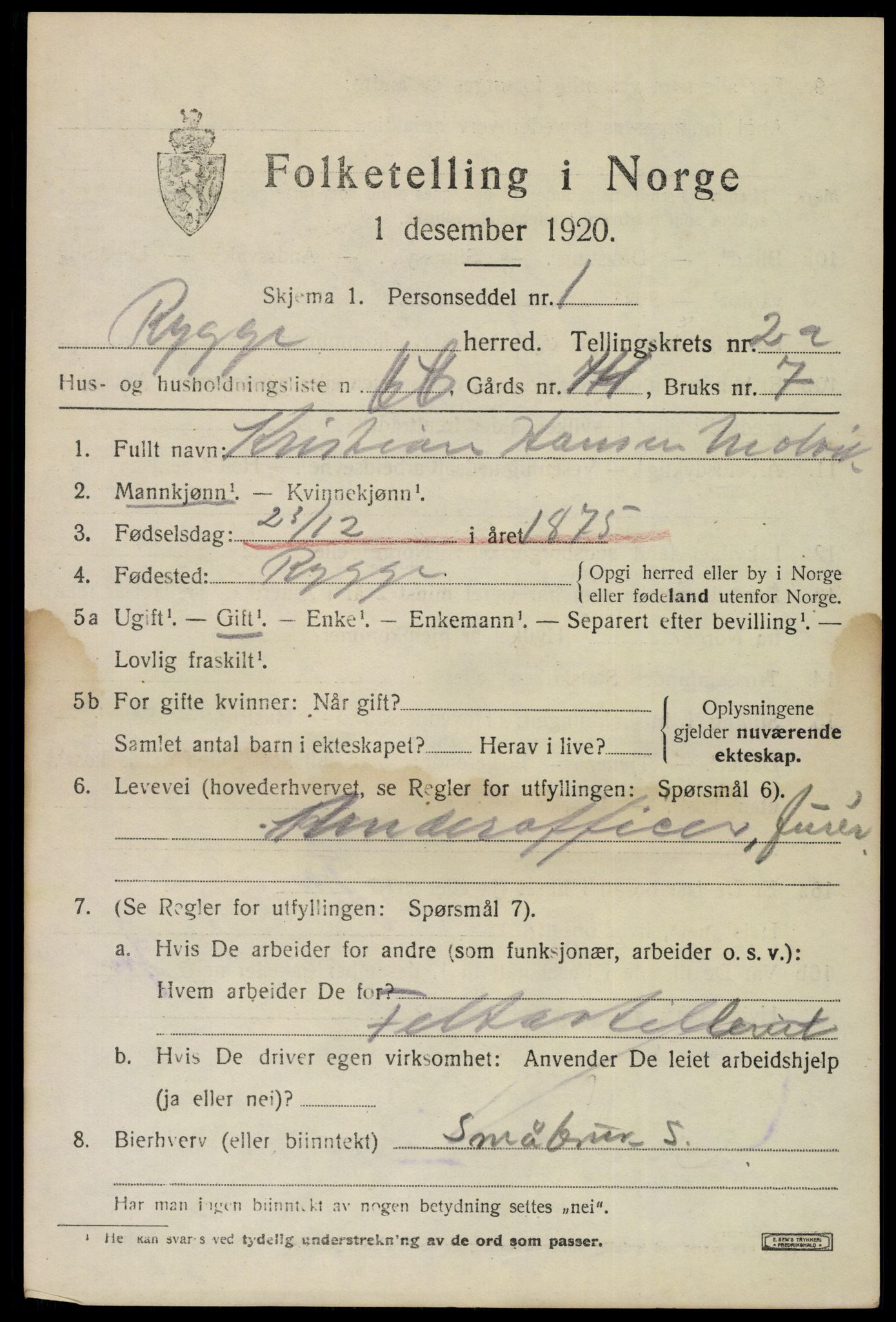 SAO, 1920 census for Rygge, 1920, p. 7595