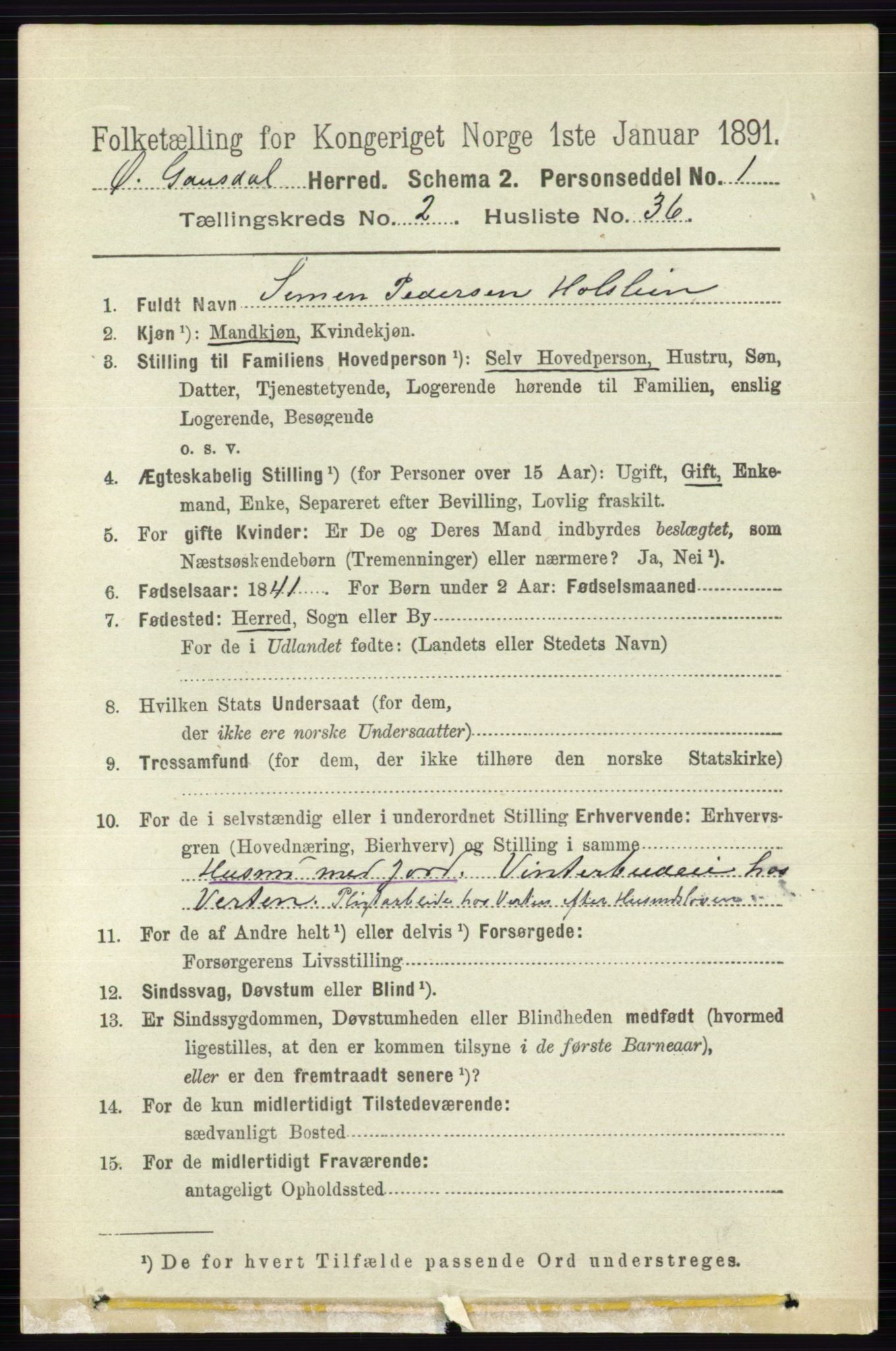 RA, 1891 census for 0522 Østre Gausdal, 1891, p. 1444