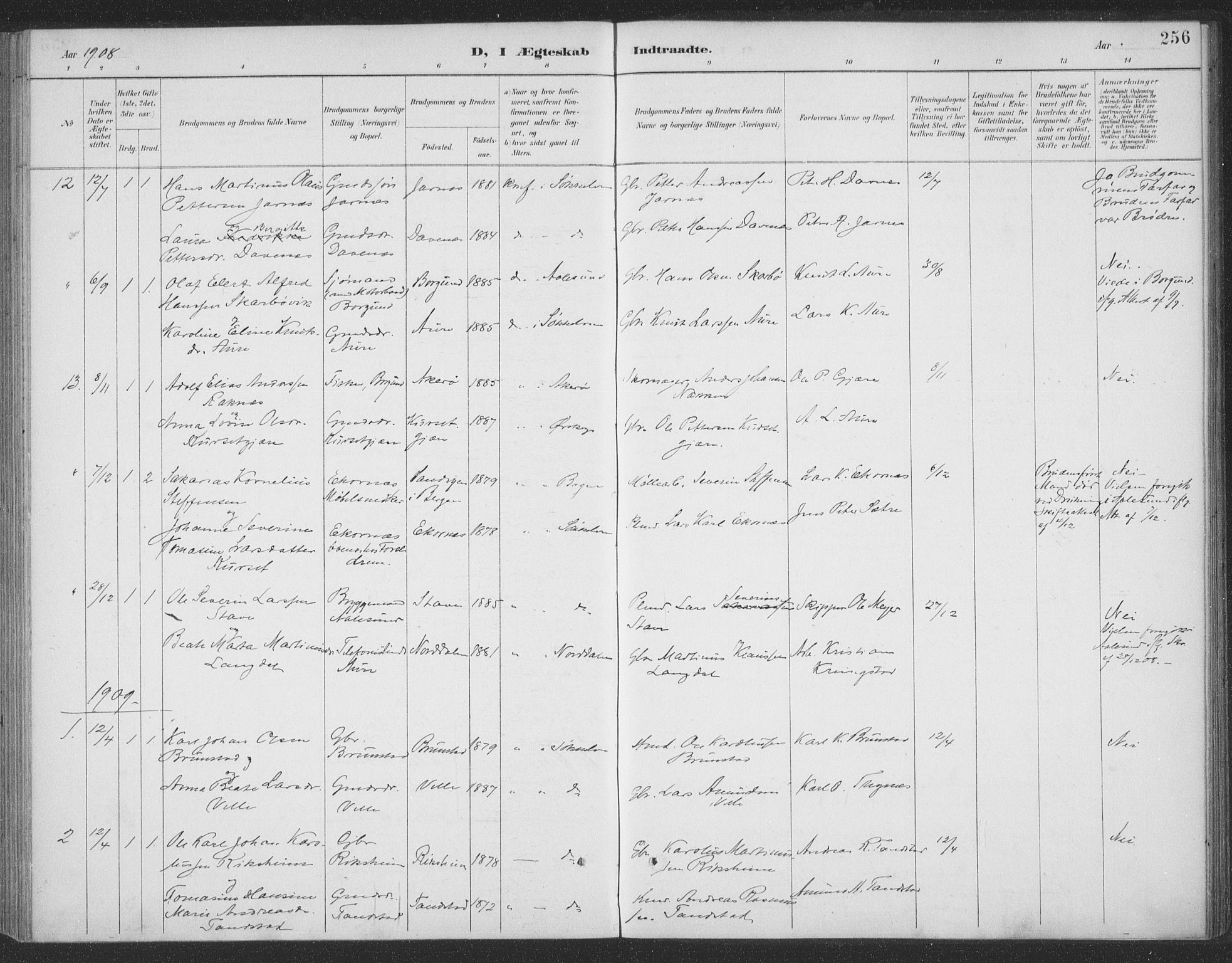 Ministerialprotokoller, klokkerbøker og fødselsregistre - Møre og Romsdal, AV/SAT-A-1454/523/L0335: Parish register (official) no. 523A02, 1891-1911, p. 256