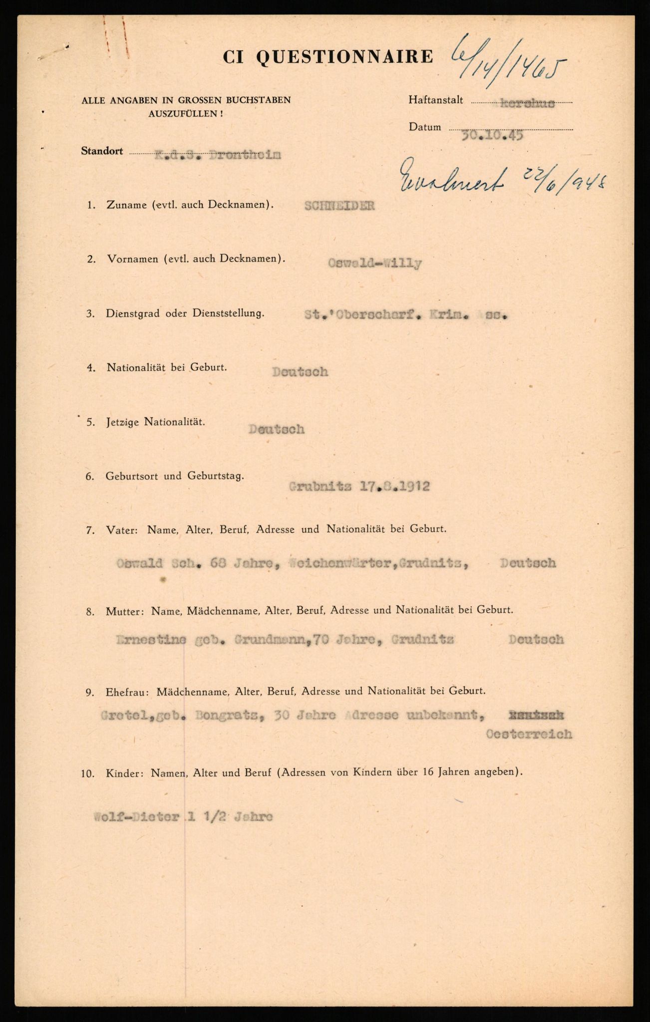 Forsvaret, Forsvarets overkommando II, AV/RA-RAFA-3915/D/Db/L0030: CI Questionaires. Tyske okkupasjonsstyrker i Norge. Tyskere., 1945-1946, p. 65