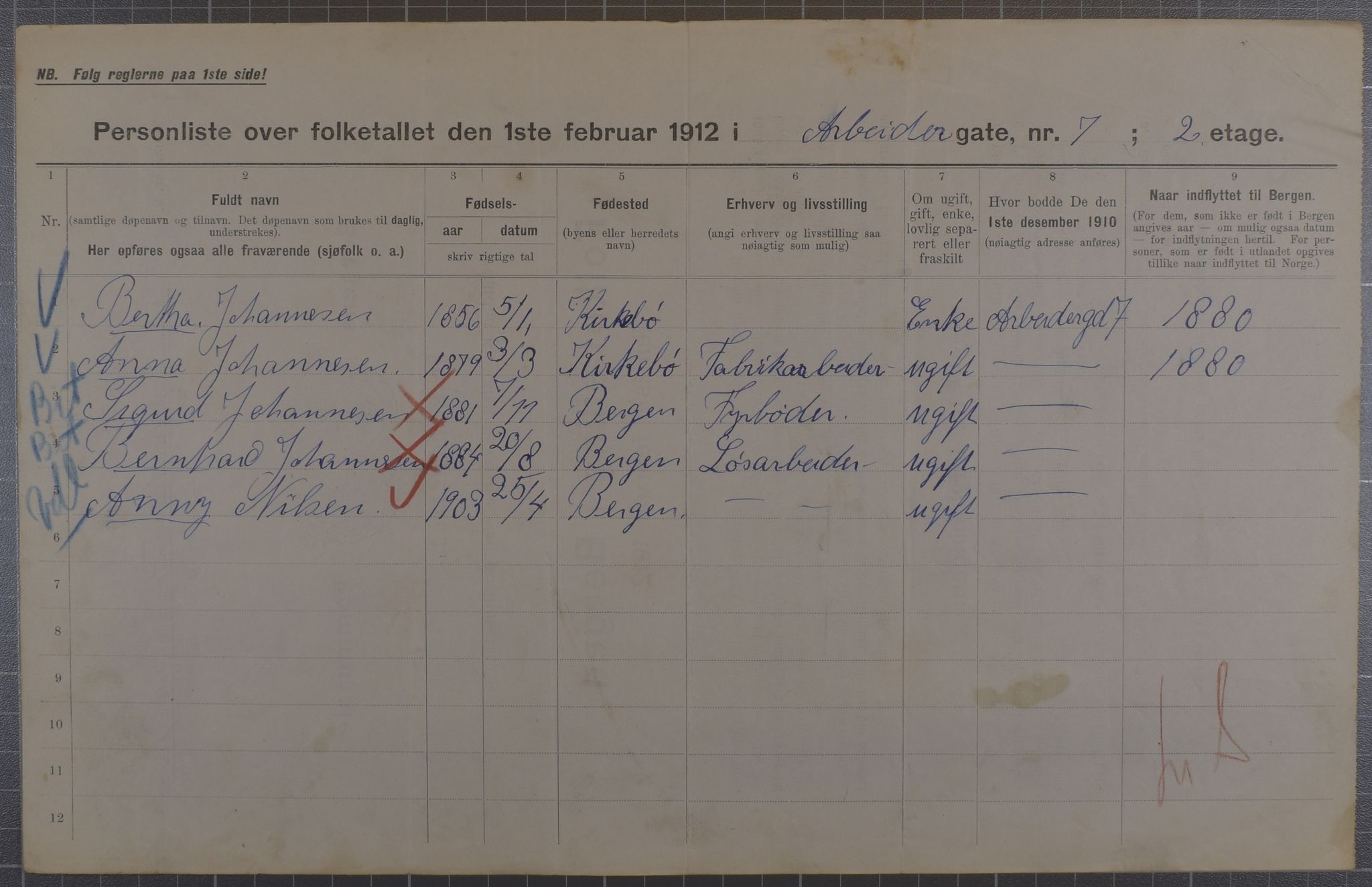 SAB, Municipal Census 1912 for Bergen, 1912, p. 1555