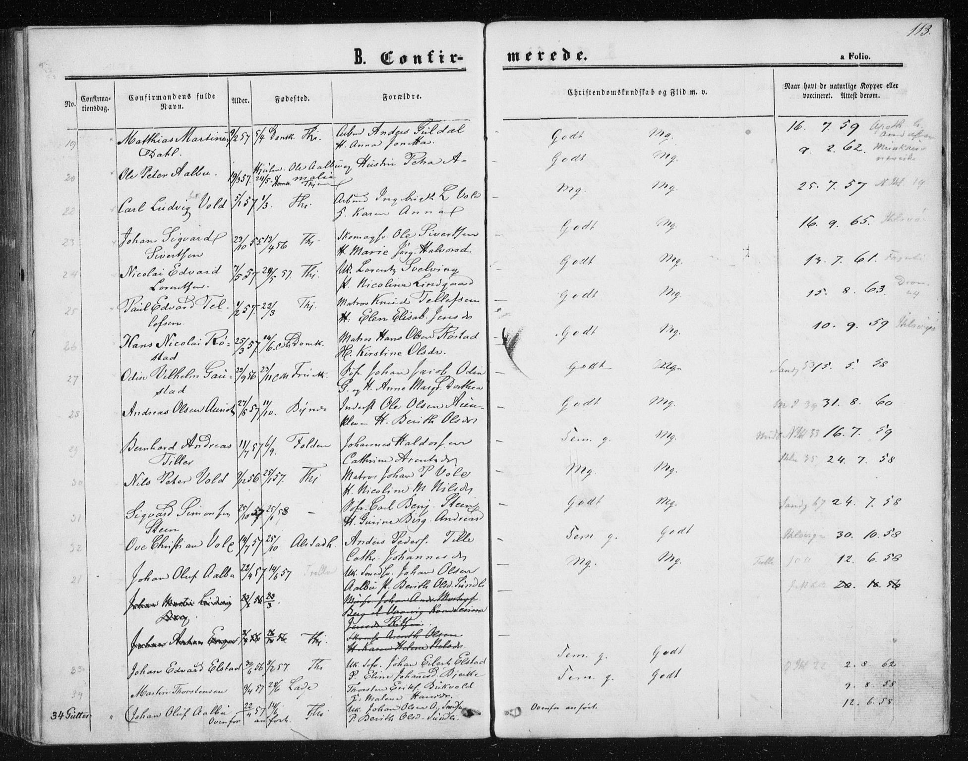 Ministerialprotokoller, klokkerbøker og fødselsregistre - Sør-Trøndelag, SAT/A-1456/602/L0114: Parish register (official) no. 602A12, 1856-1872, p. 113