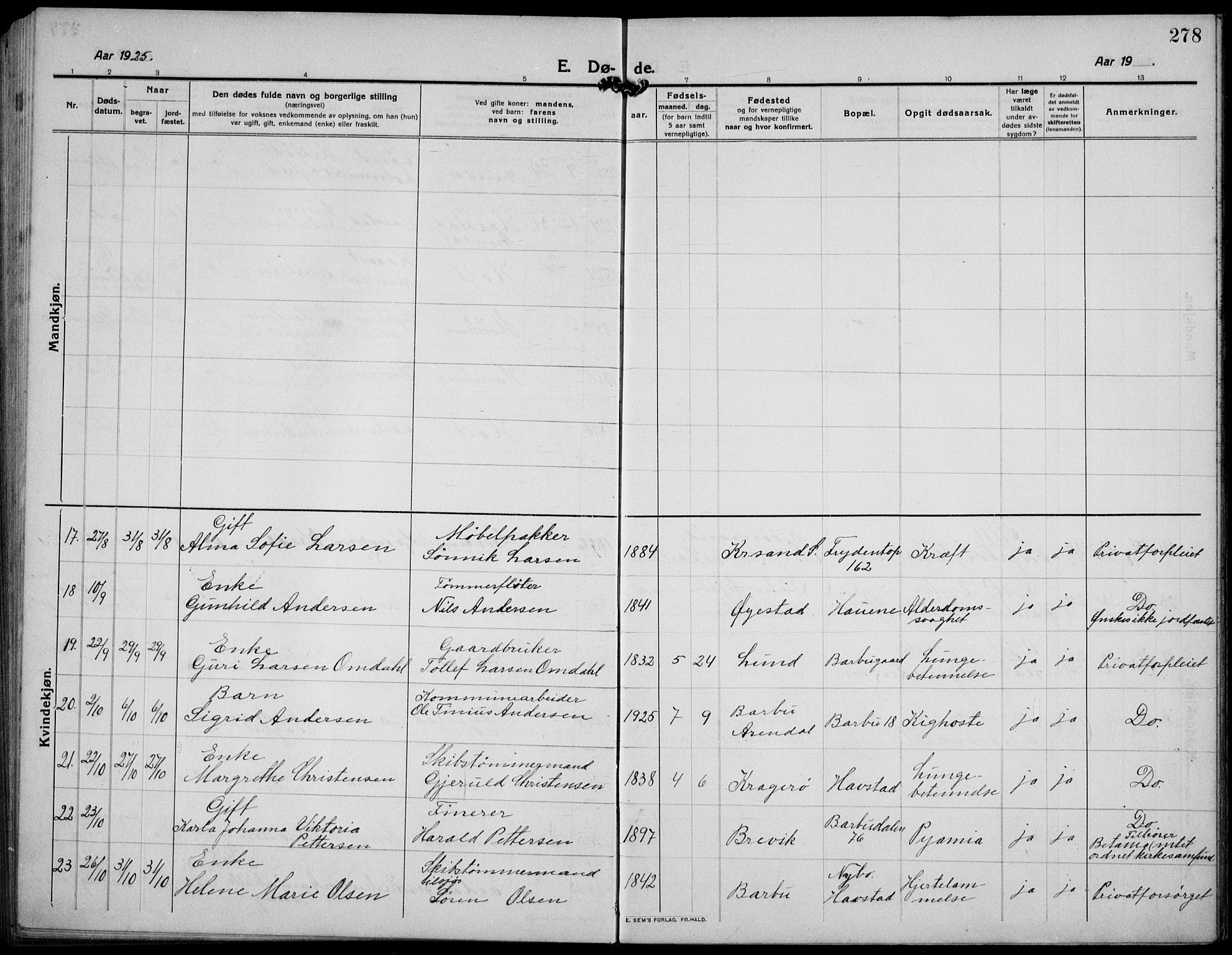 Barbu sokneprestkontor, AV/SAK-1111-0003/F/Fb/L0004: Parish register (copy) no. B 4, 1911-1936, p. 278