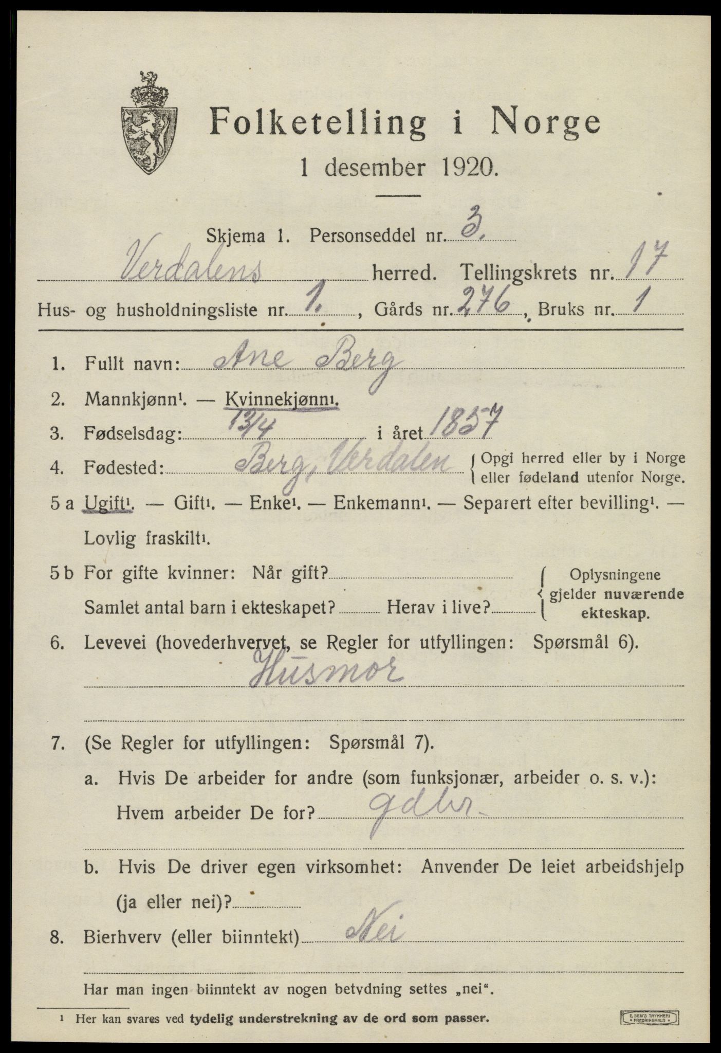 SAT, 1920 census for Verdal, 1920, p. 15555