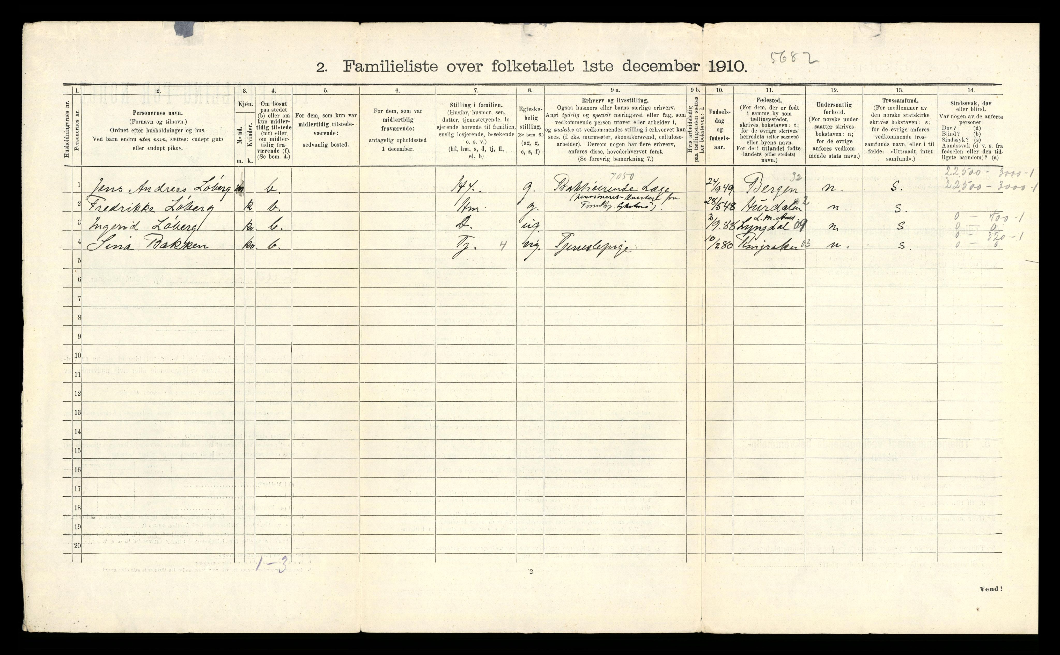RA, 1910 census for Lillehammer, 1910, p. 1586