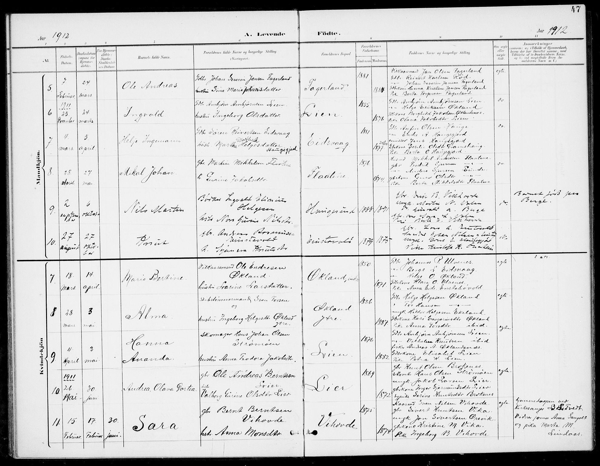 Sveio Sokneprestembete, SAB/A-78501/H/Haa: Parish register (official) no. C 3, 1899-1916, p. 47
