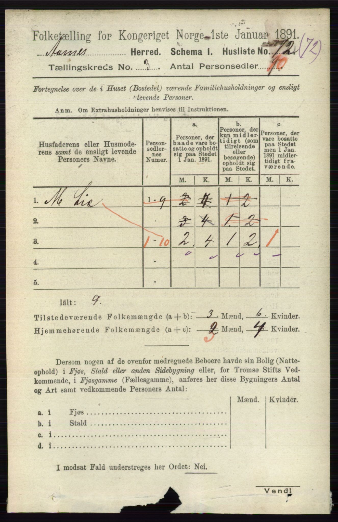 RA, 1891 census for 0425 Åsnes, 1891, p. 1024