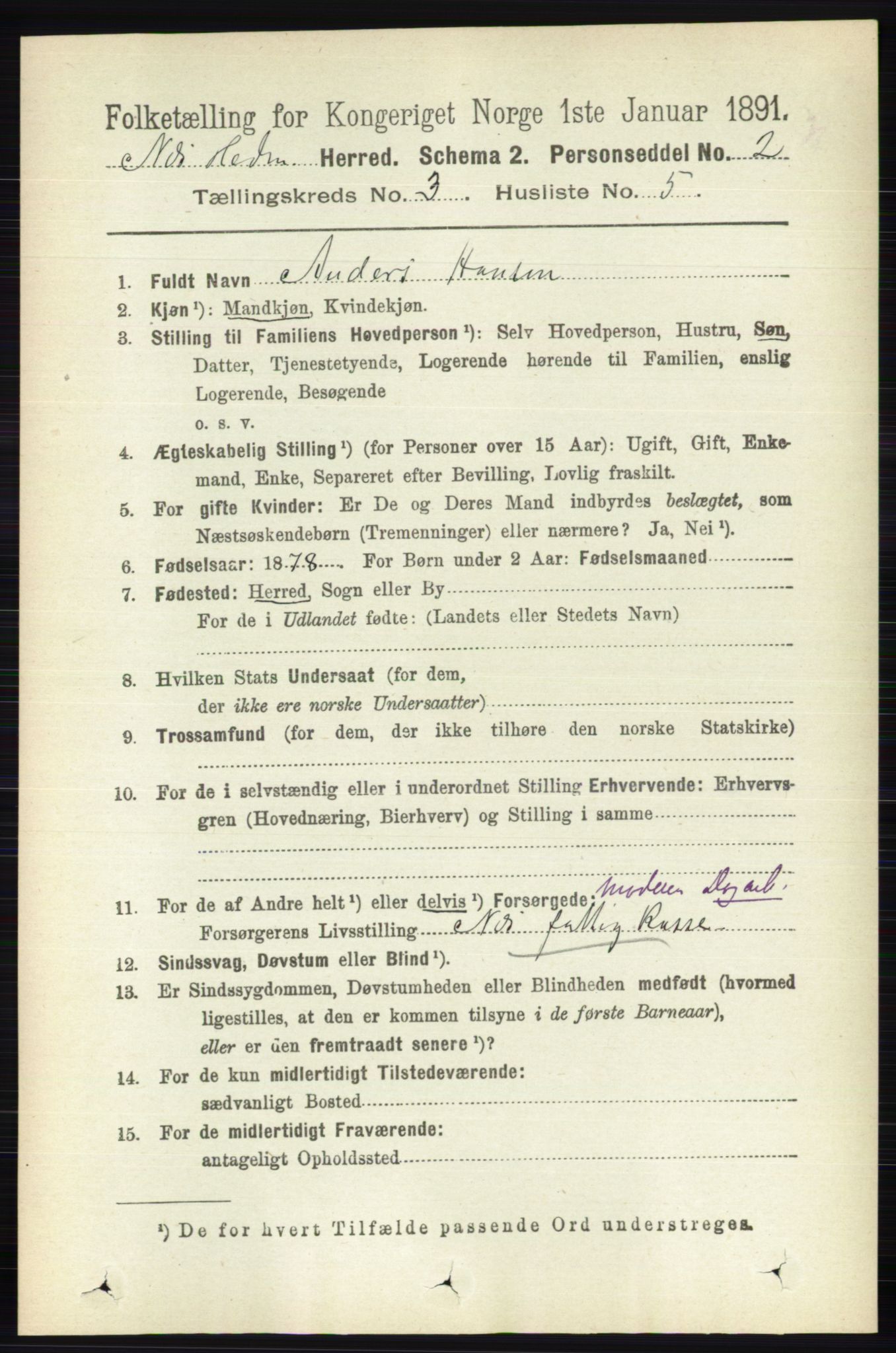 RA, 1891 census for 0411 Nes, 1891, p. 1619