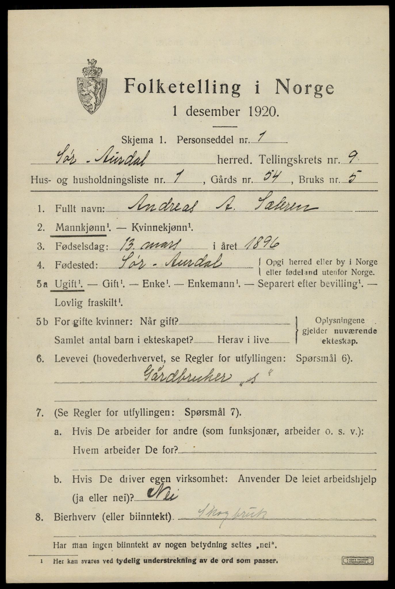 SAH, 1920 census for Sør-Aurdal, 1920, p. 5209