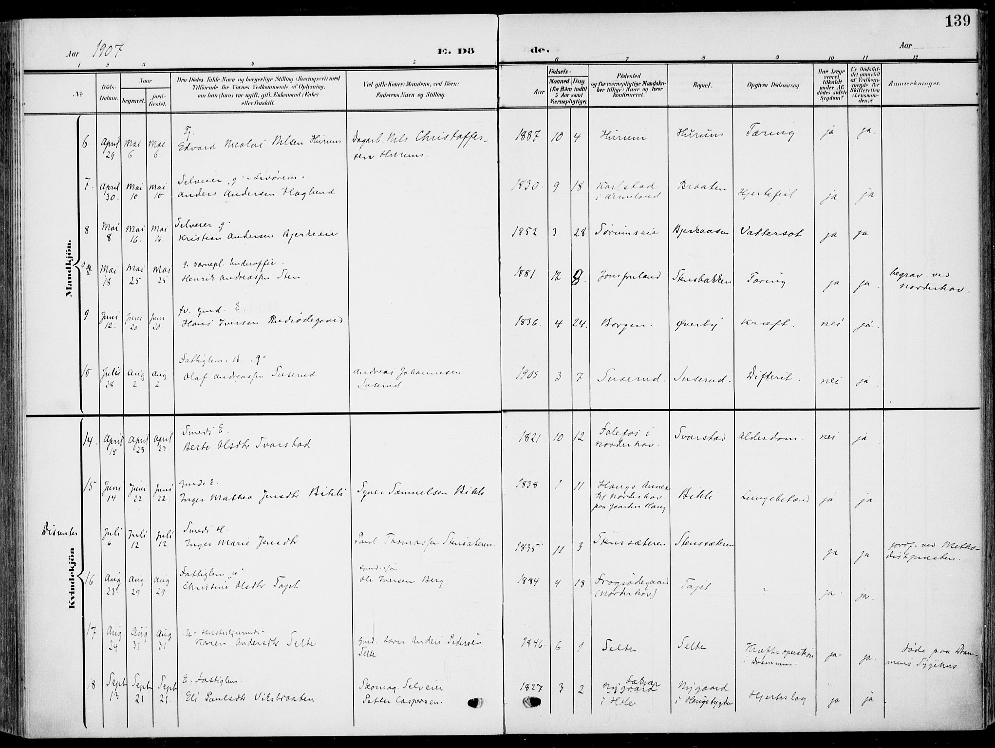 Hole kirkebøker, SAKO/A-228/F/Fa/L0010: Parish register (official) no. I 10, 1907-1917, p. 139