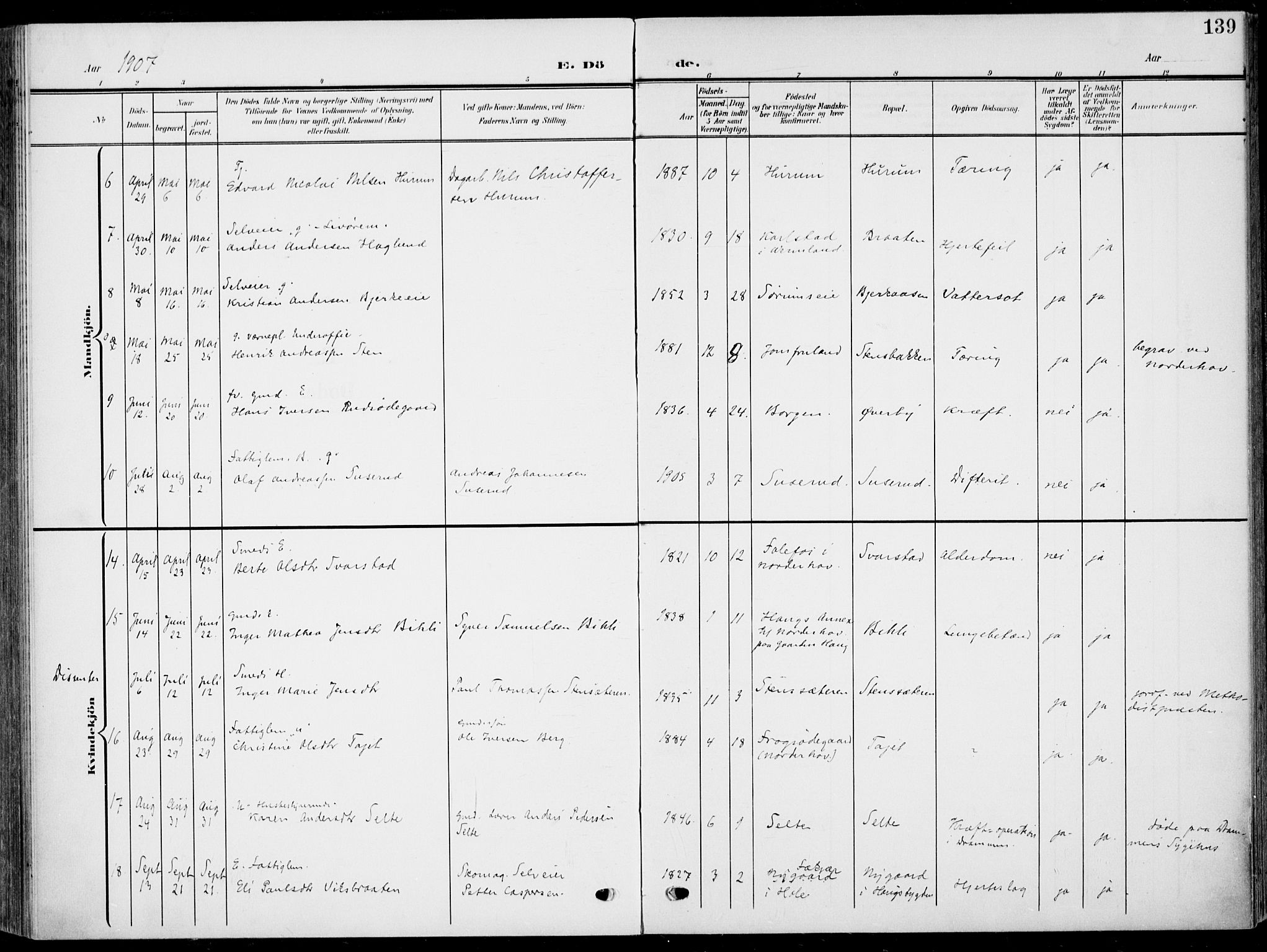 Hole kirkebøker, AV/SAKO-A-228/F/Fa/L0010: Parish register (official) no. I 10, 1907-1917, p. 139