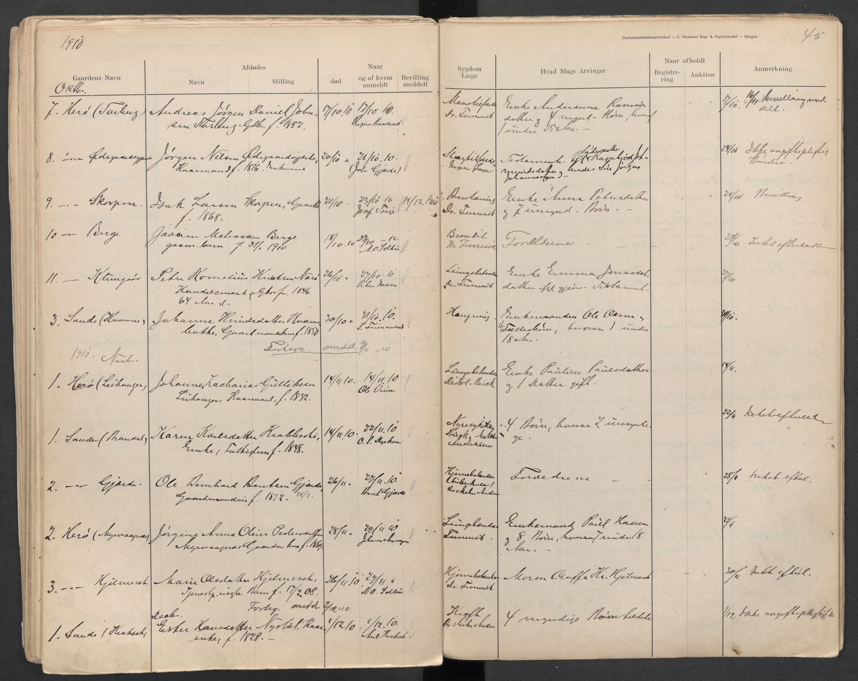 Herøy og Sande lensmannskontor, AV/SAT-A-5655/2/2/L0044: Dødsfallprotokoll, 1904-1914, p. 45