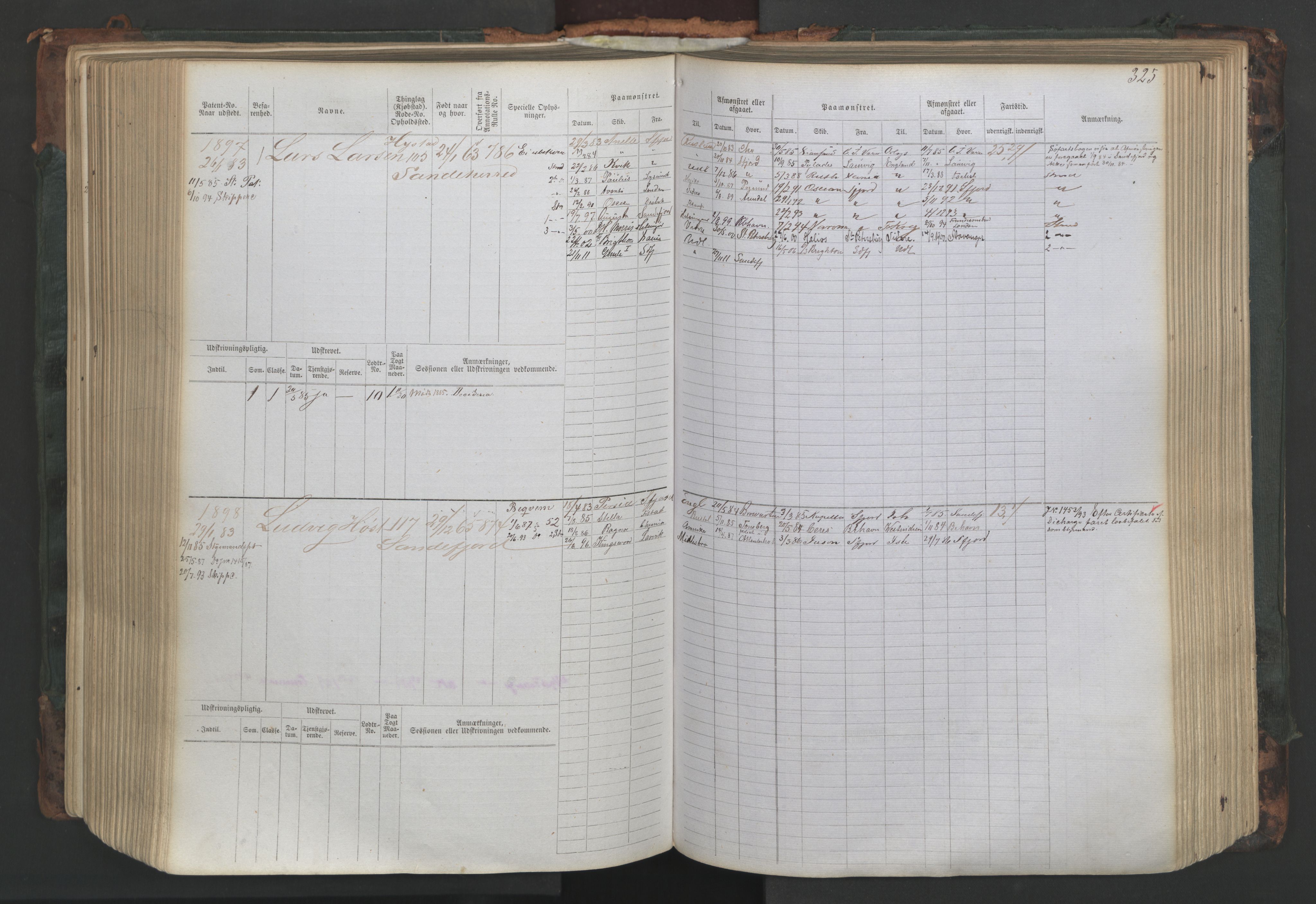 Sandefjord innrulleringskontor, SAKO/A-788/F/Fb/L0007: Hovedrulle, 1887, p. 325