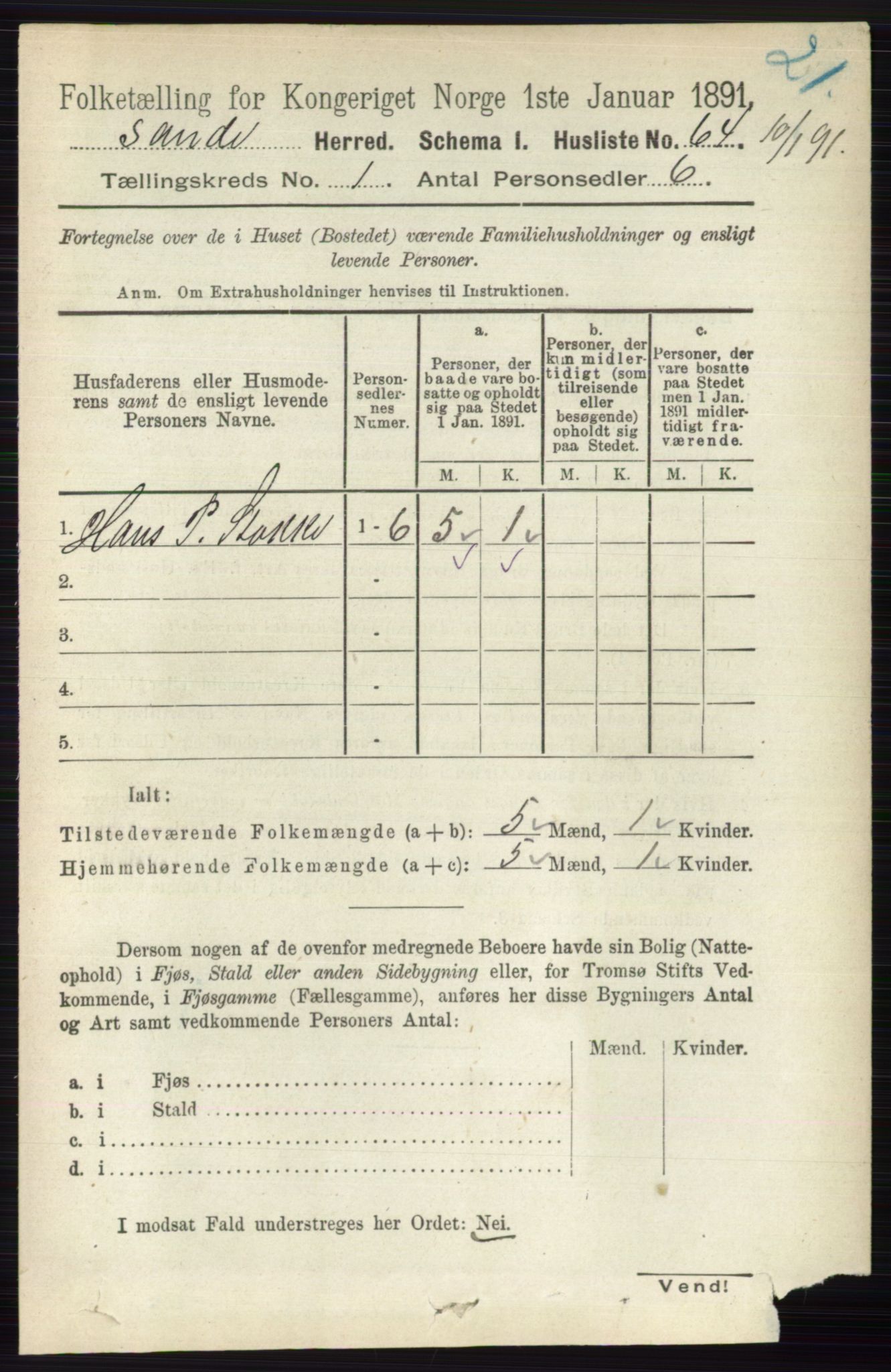 RA, 1891 census for 0713 Sande, 1891, p. 90