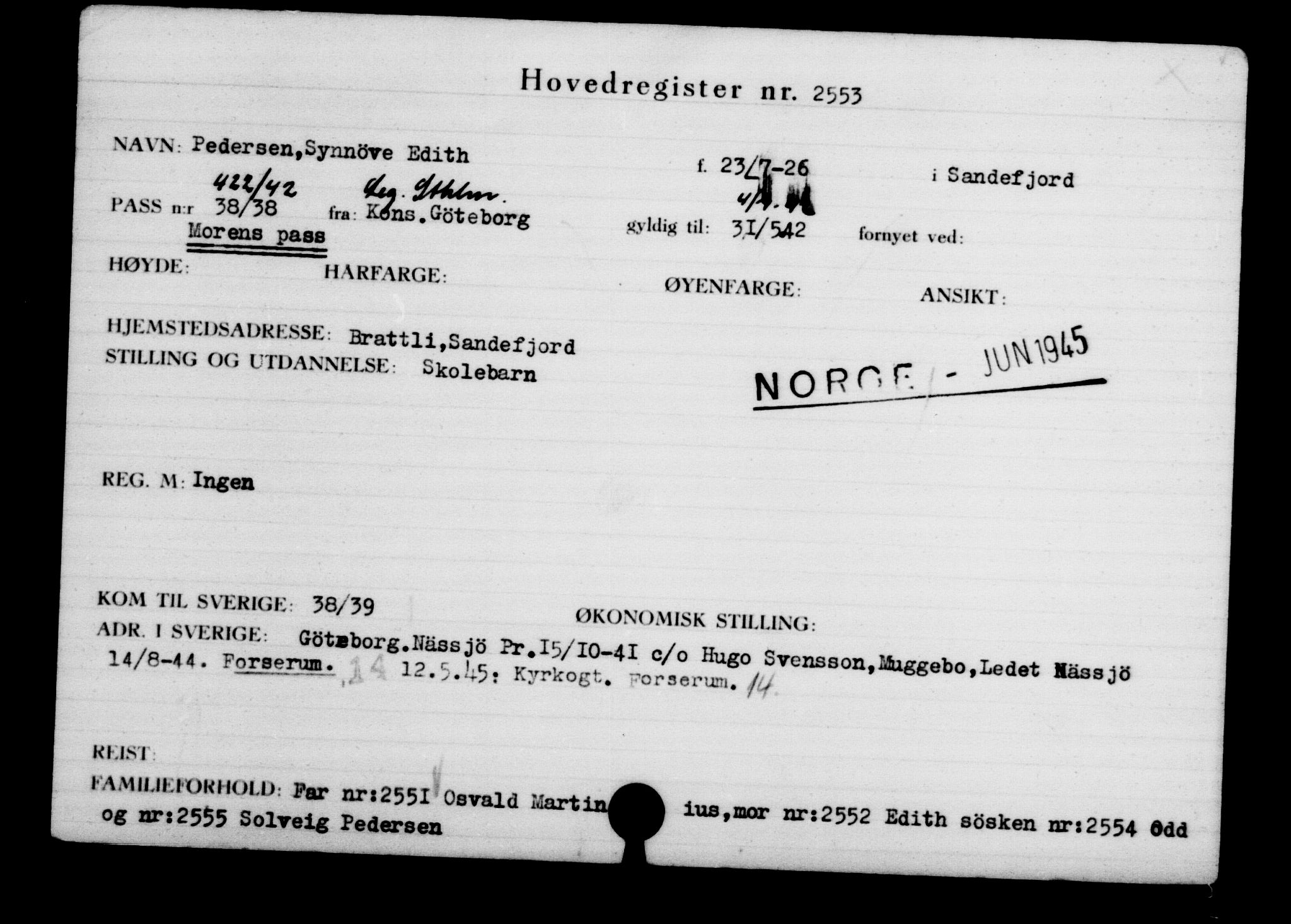 Utenriksstasjonene, Legasjonen i Stockholm, Flyktningkontoret, AV/RA-S-6753/V/Va/L0003: Kjesäterkartoteket, flyktninger med registreringsnr. 2001-3495, 1940-1945, p. 903