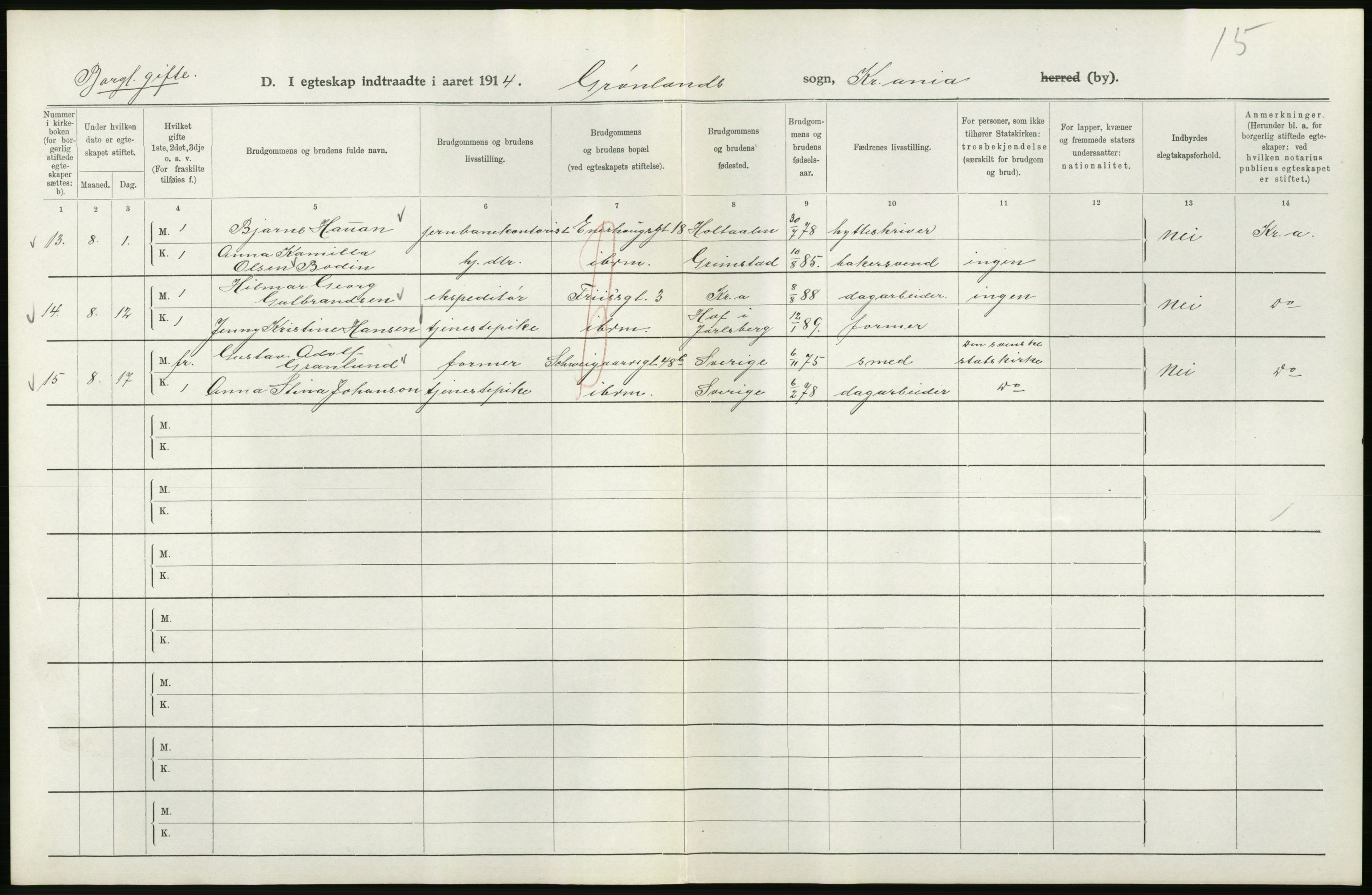 Statistisk sentralbyrå, Sosiodemografiske emner, Befolkning, RA/S-2228/D/Df/Dfb/Dfbd/L0007: Kristiania: Gifte, 1914, p. 196