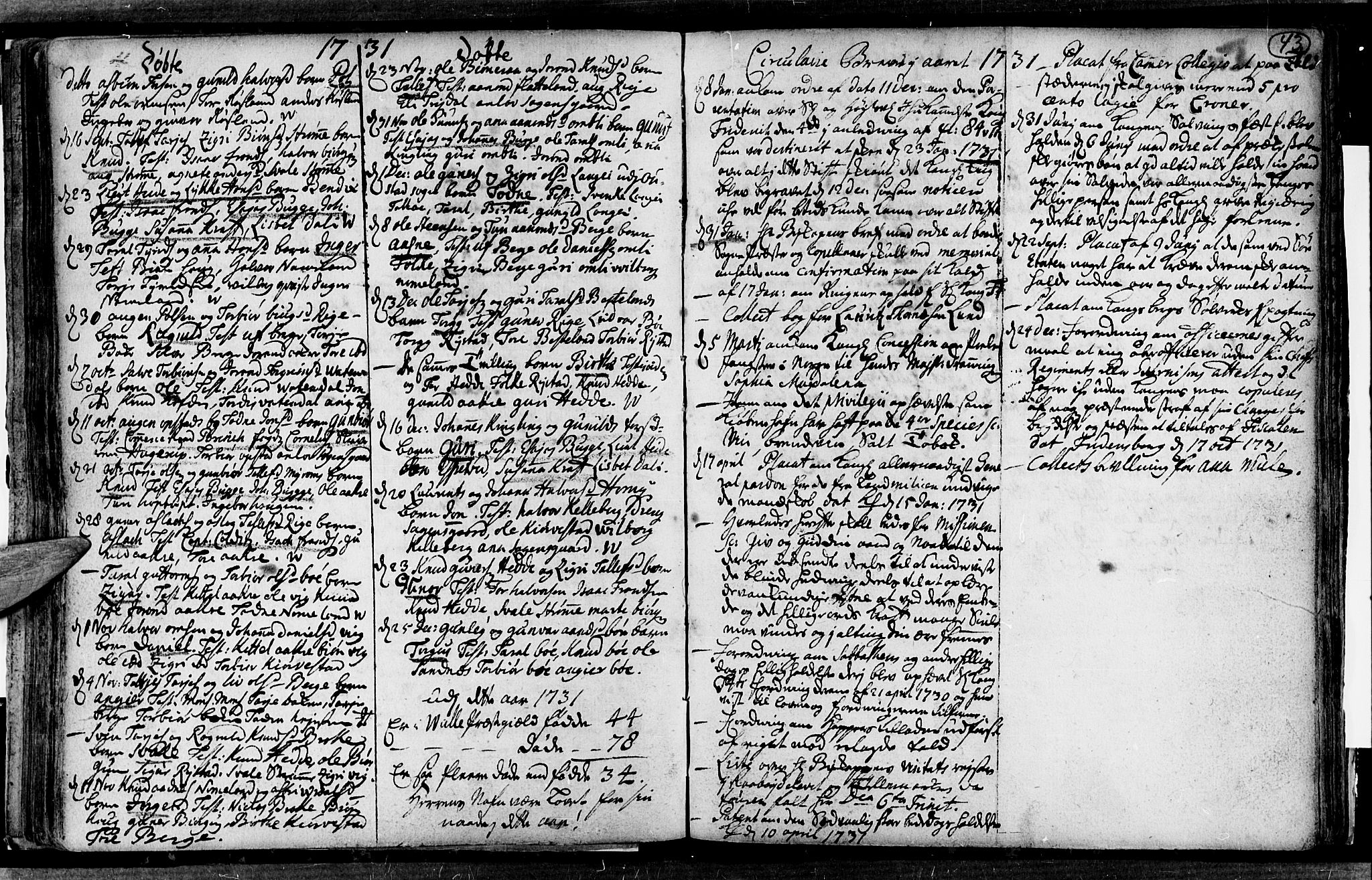 Valle sokneprestkontor, AV/SAK-1111-0044/F/Fa/Fac/L0001: Parish register (official) no. A 1, 1714-1745, p. 43