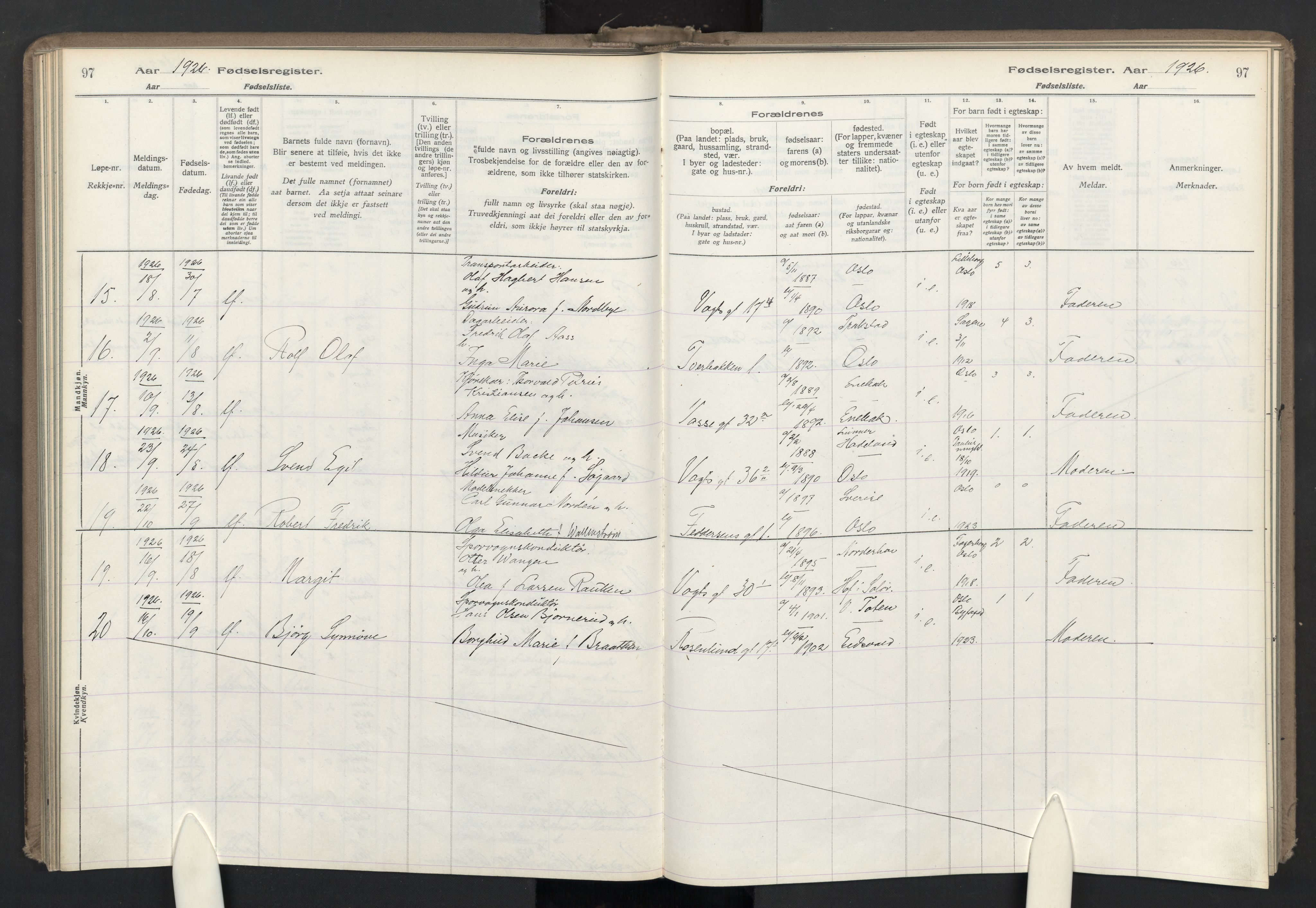 Lilleborg prestekontor Kirkebøker, AV/SAO-A-10343a/J/L0001: Birth register no. 1, 1917-1944, p. 97