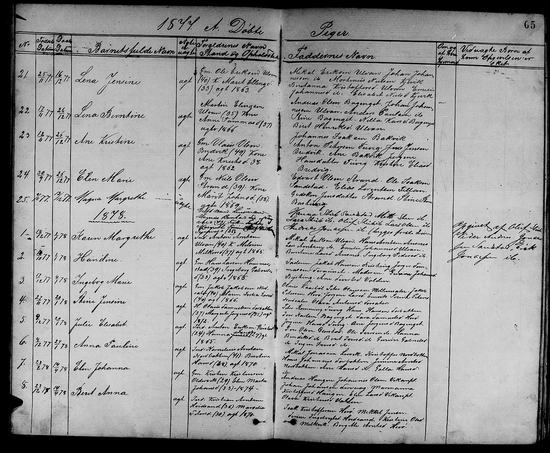 Ministerialprotokoller, klokkerbøker og fødselsregistre - Sør-Trøndelag, AV/SAT-A-1456/637/L0561: Parish register (copy) no. 637C02, 1873-1882, p. 65