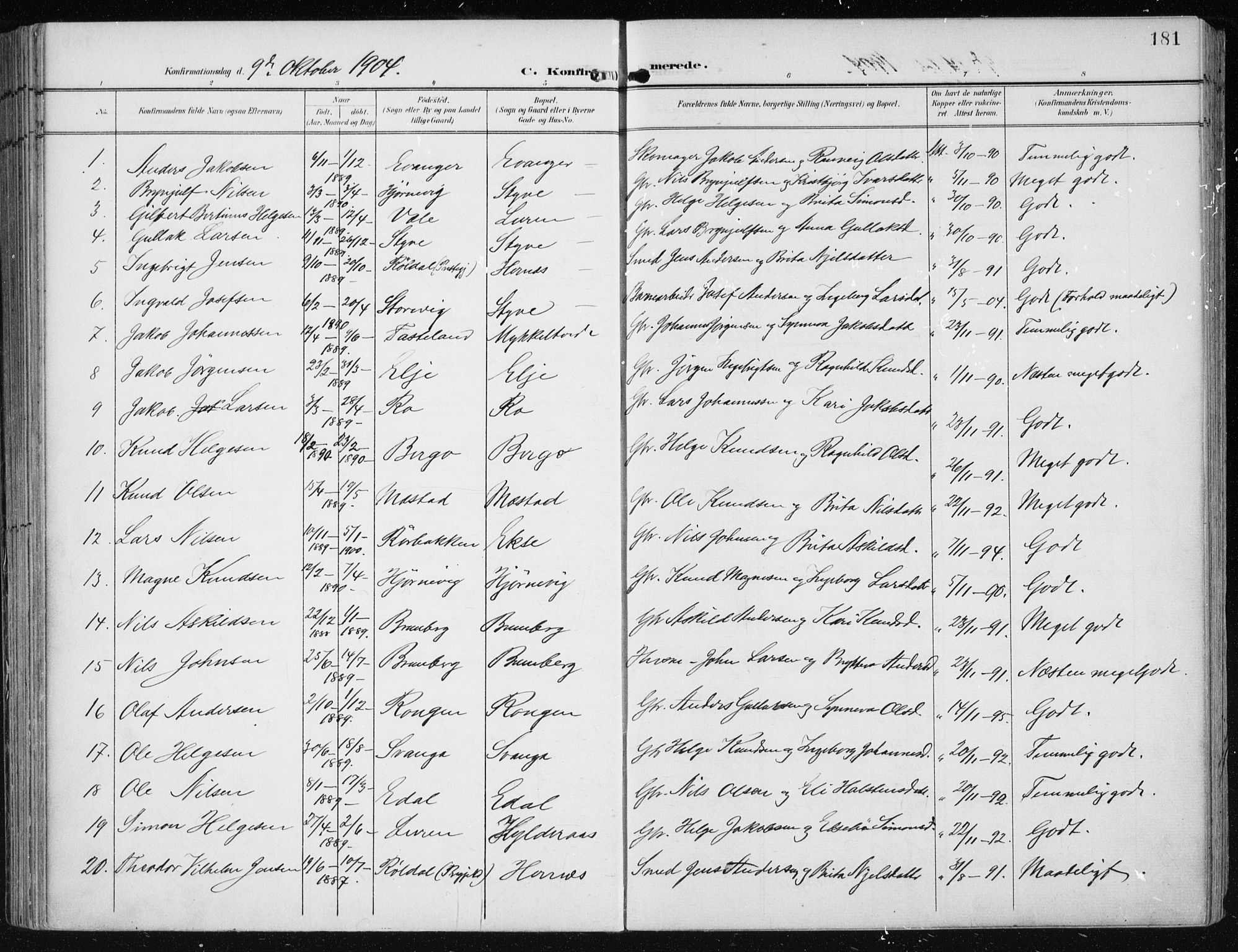 Evanger sokneprestembete, AV/SAB-A-99924: Parish register (official) no. A  3, 1900-1930, p. 181