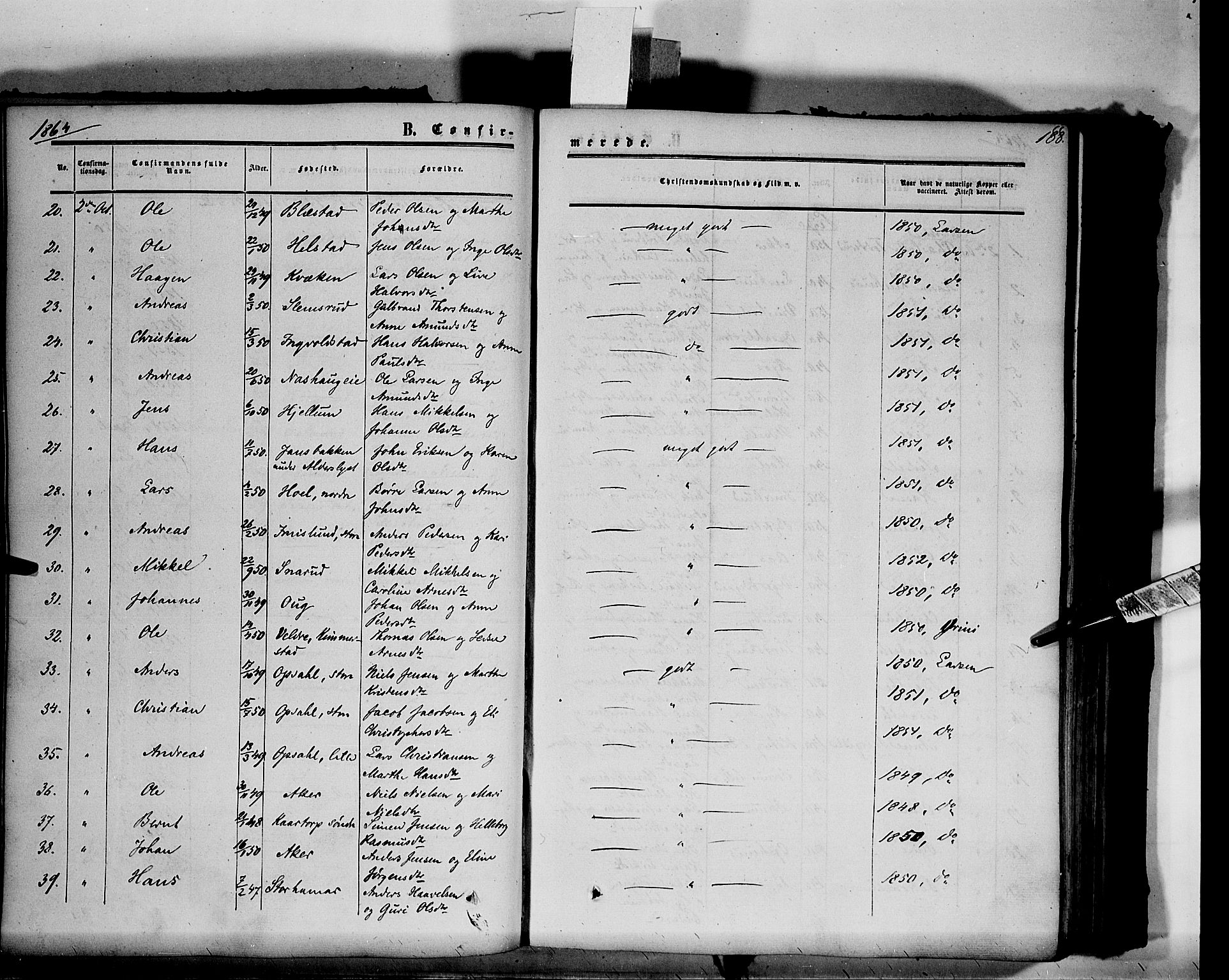 Vang prestekontor, Hedmark, SAH/PREST-008/H/Ha/Haa/L0012: Parish register (official) no. 12, 1855-1870, p. 188