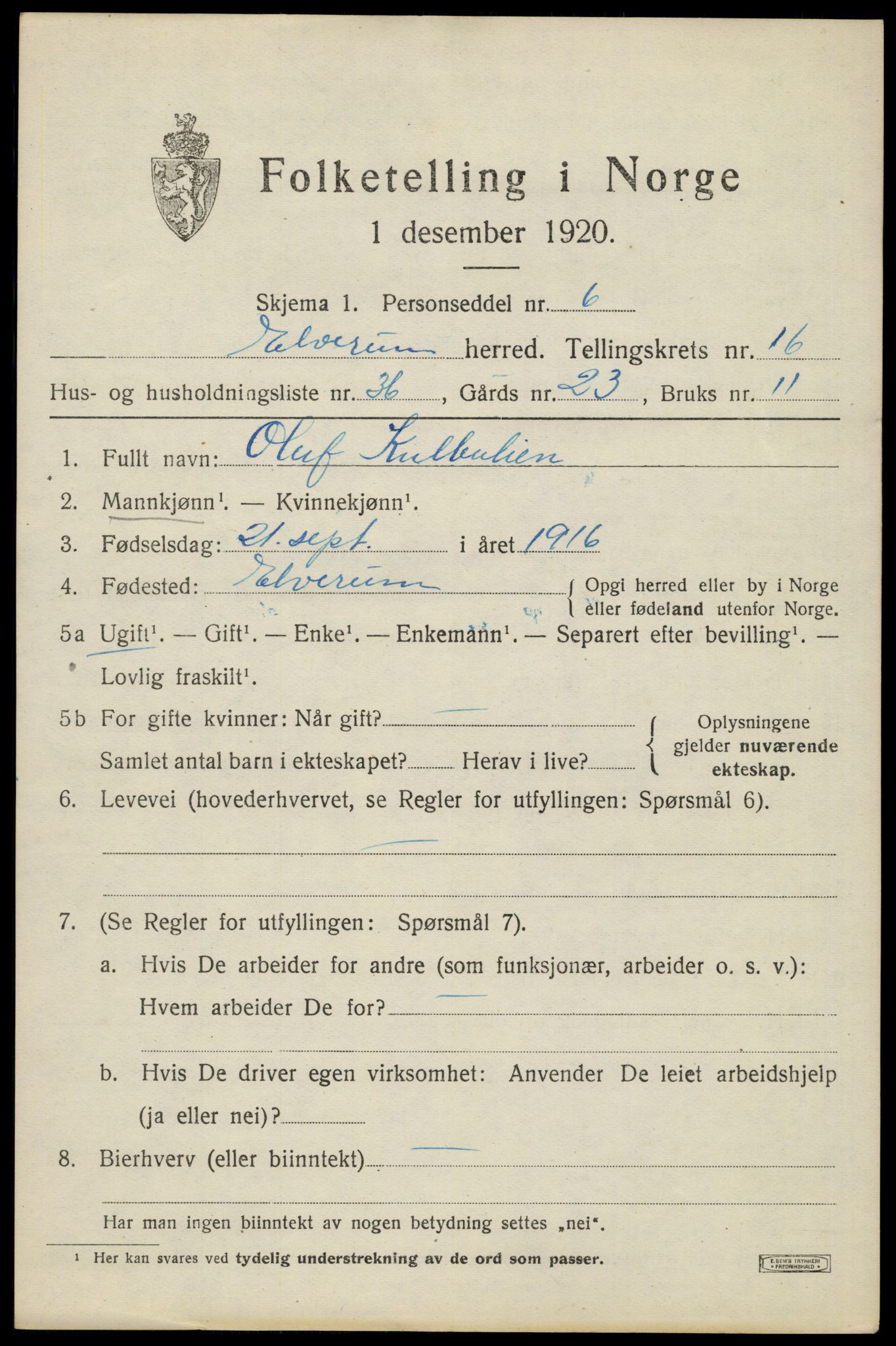 SAH, 1920 census for Elverum, 1920, p. 21198