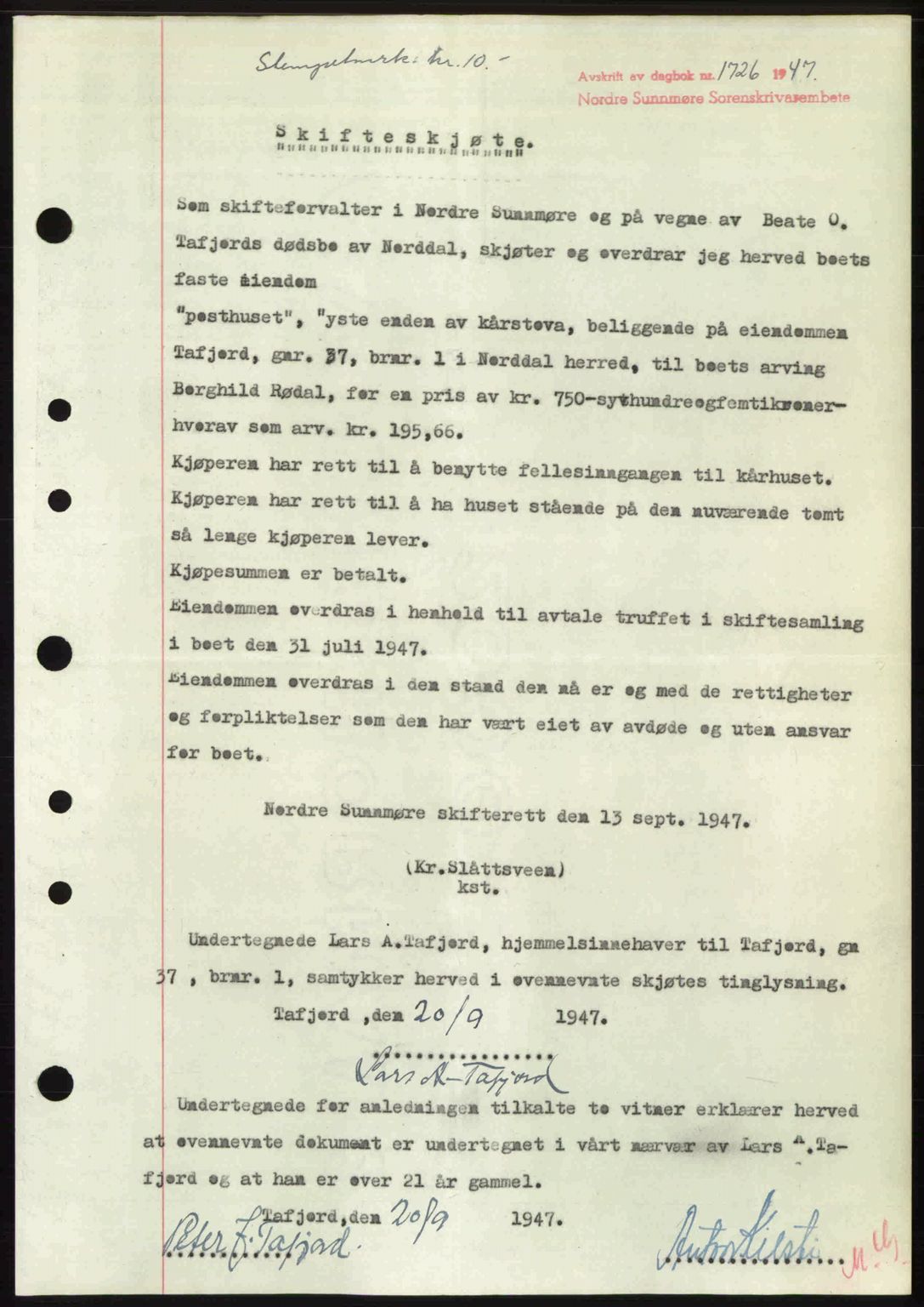 Nordre Sunnmøre sorenskriveri, AV/SAT-A-0006/1/2/2C/2Ca: Mortgage book no. A25, 1947-1947, Diary no: : 1726/1947