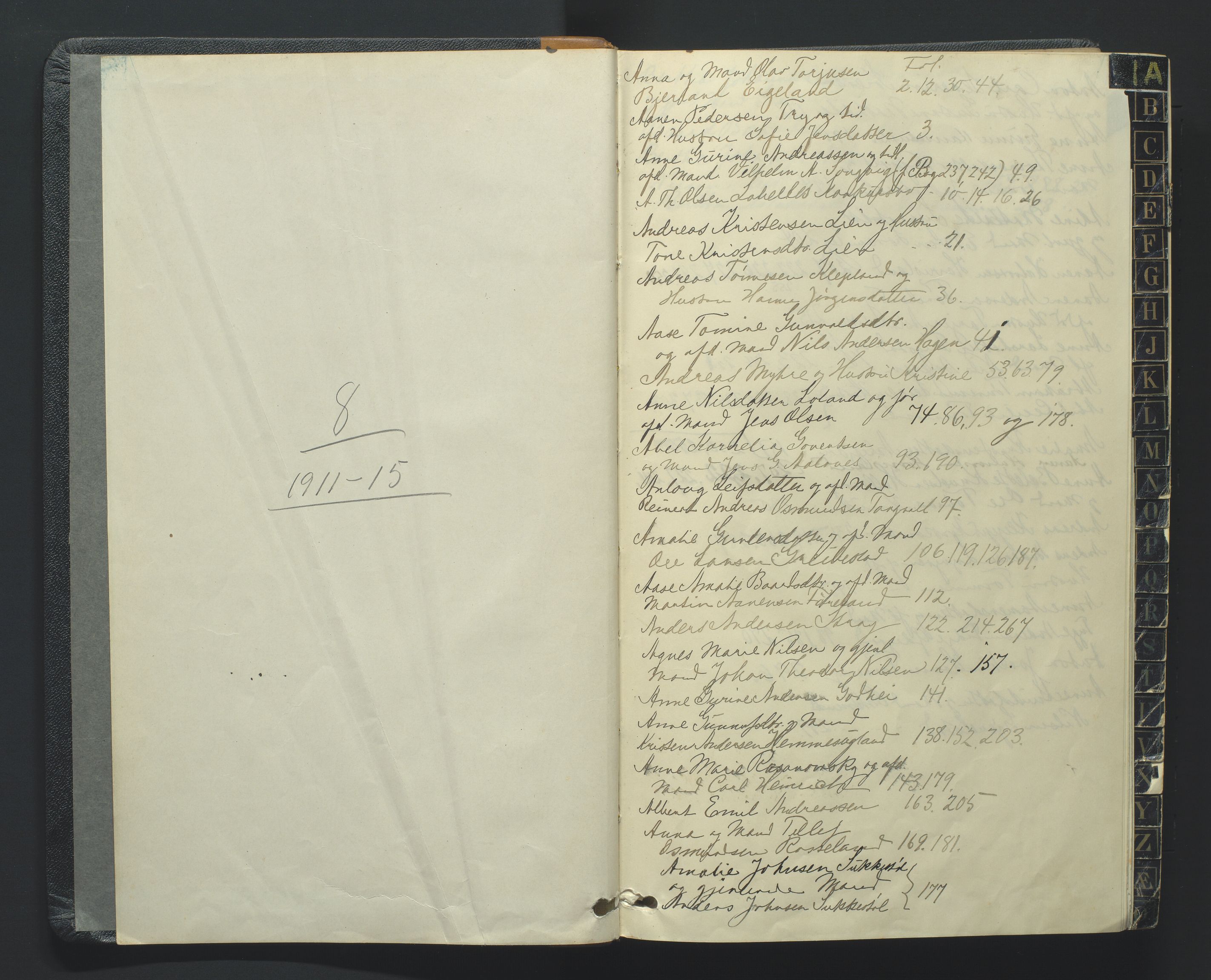 Torridal sorenskriveri, SAK/1221-0012/H/Hc/L0022: Skifteforhandlingsprotokoll med navneregister nr. 8, 1911-1915