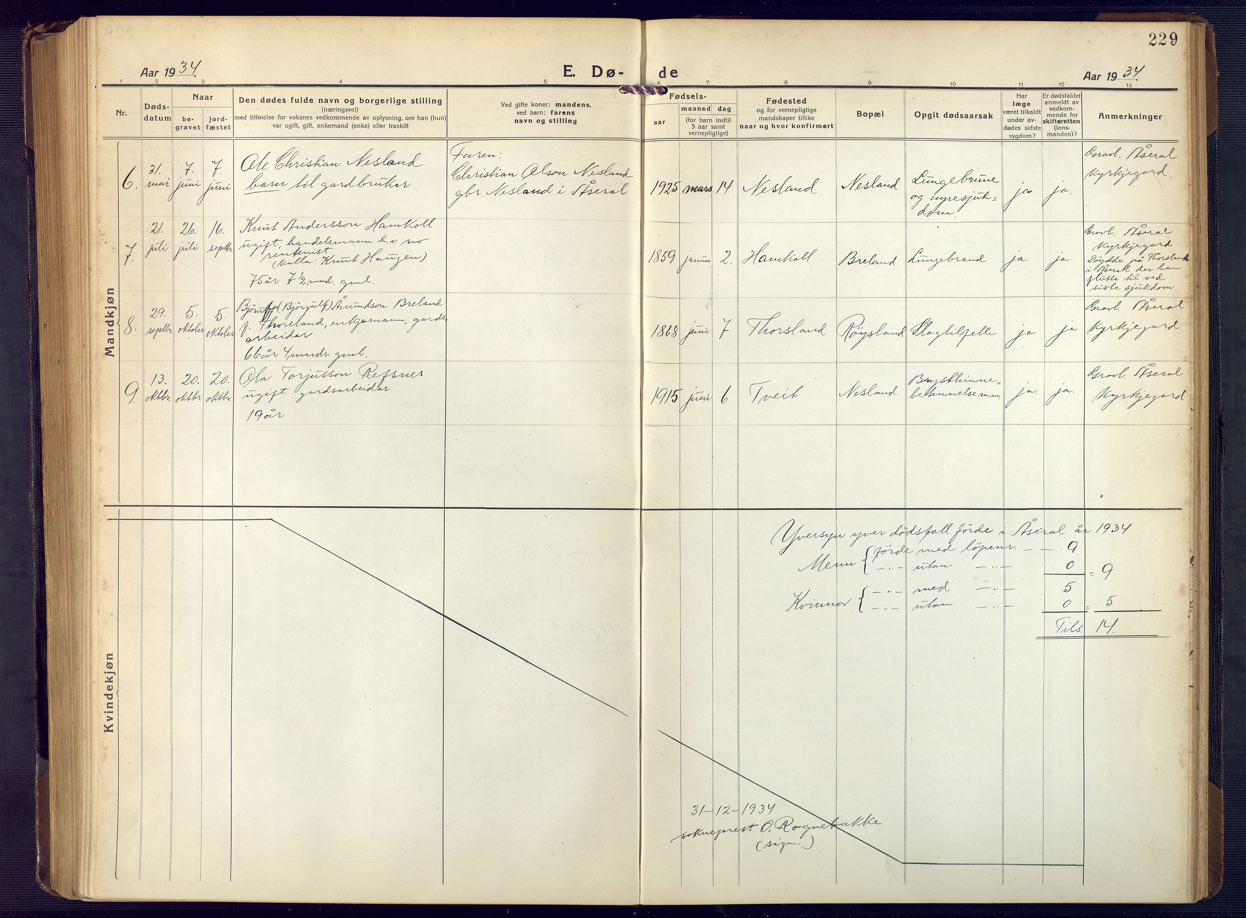 Åseral sokneprestkontor, SAK/1111-0051/F/Fb/L0004: Parish register (copy) no. B 4, 1920-1946, p. 229