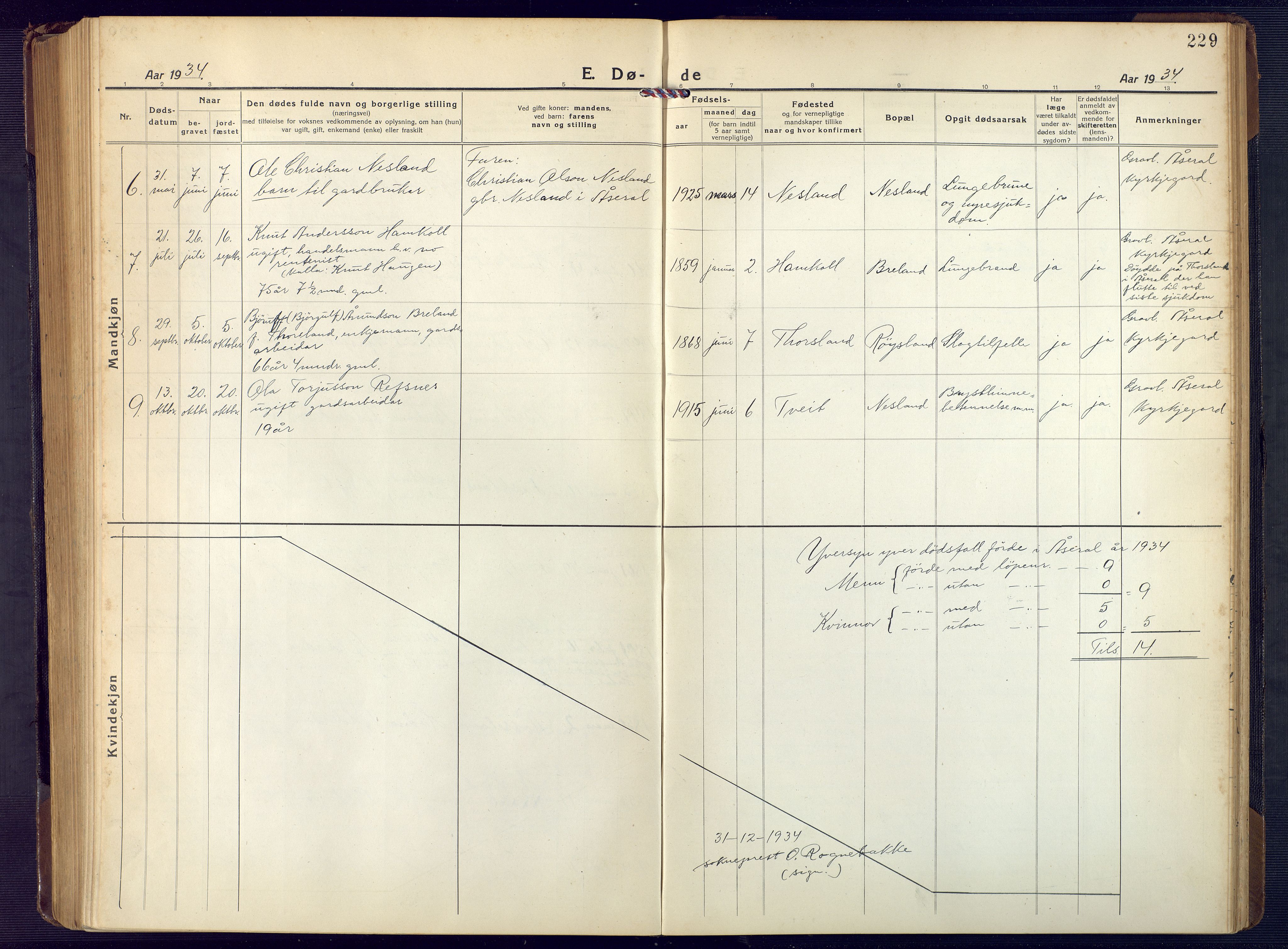 Åseral sokneprestkontor, AV/SAK-1111-0051/F/Fb/L0004: Parish register (copy) no. B 4, 1920-1946, p. 229