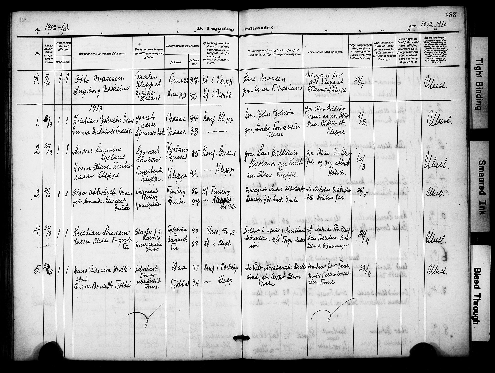 Klepp sokneprestkontor, AV/SAST-A-101803/001/3/30BB/L0007: Parish register (copy) no. B 7, 1908-1934, p. 183