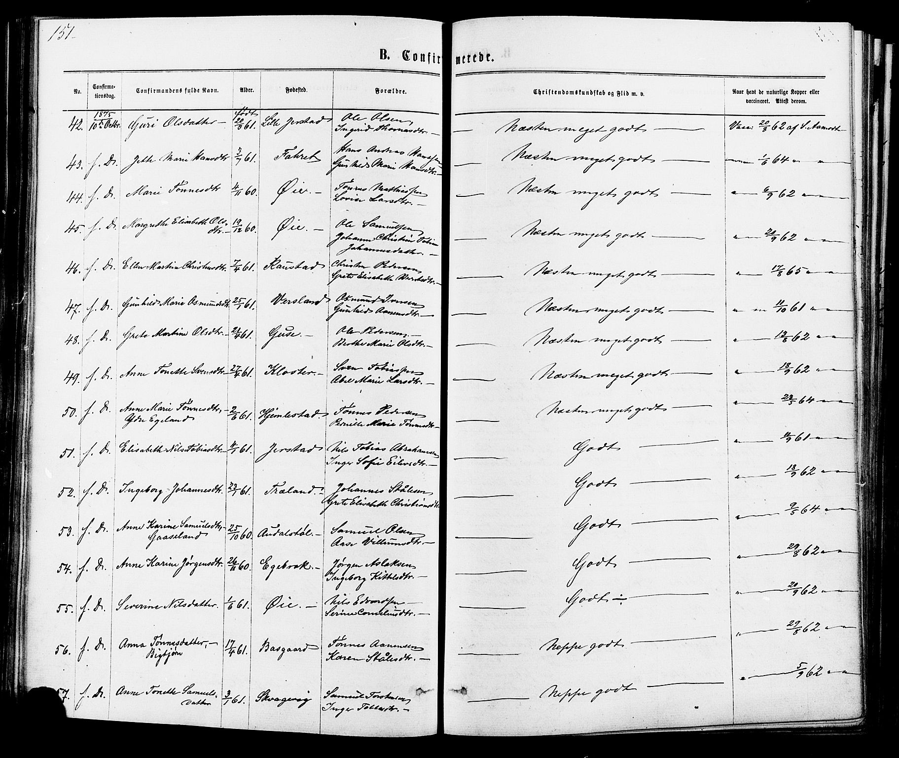 Kvinesdal sokneprestkontor, SAK/1111-0026/F/Fa/Fab/L0007: Parish register (official) no. A 7, 1870-1885, p. 151