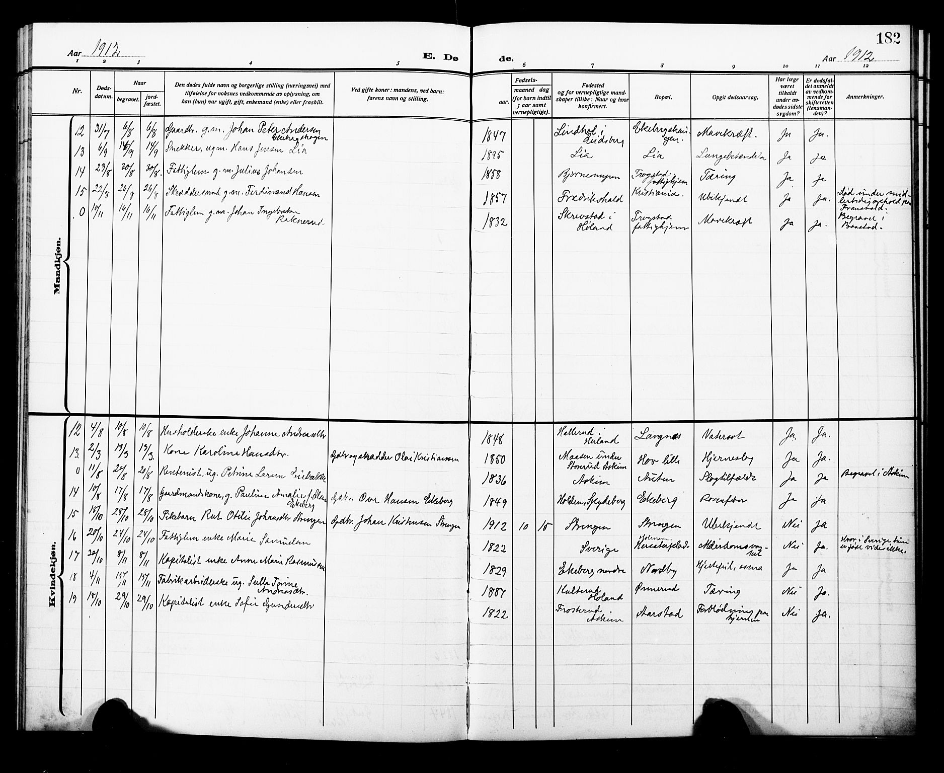 Trøgstad prestekontor Kirkebøker, AV/SAO-A-10925/G/Ga/L0002: Parish register (copy) no. I 2, 1911-1929, p. 182