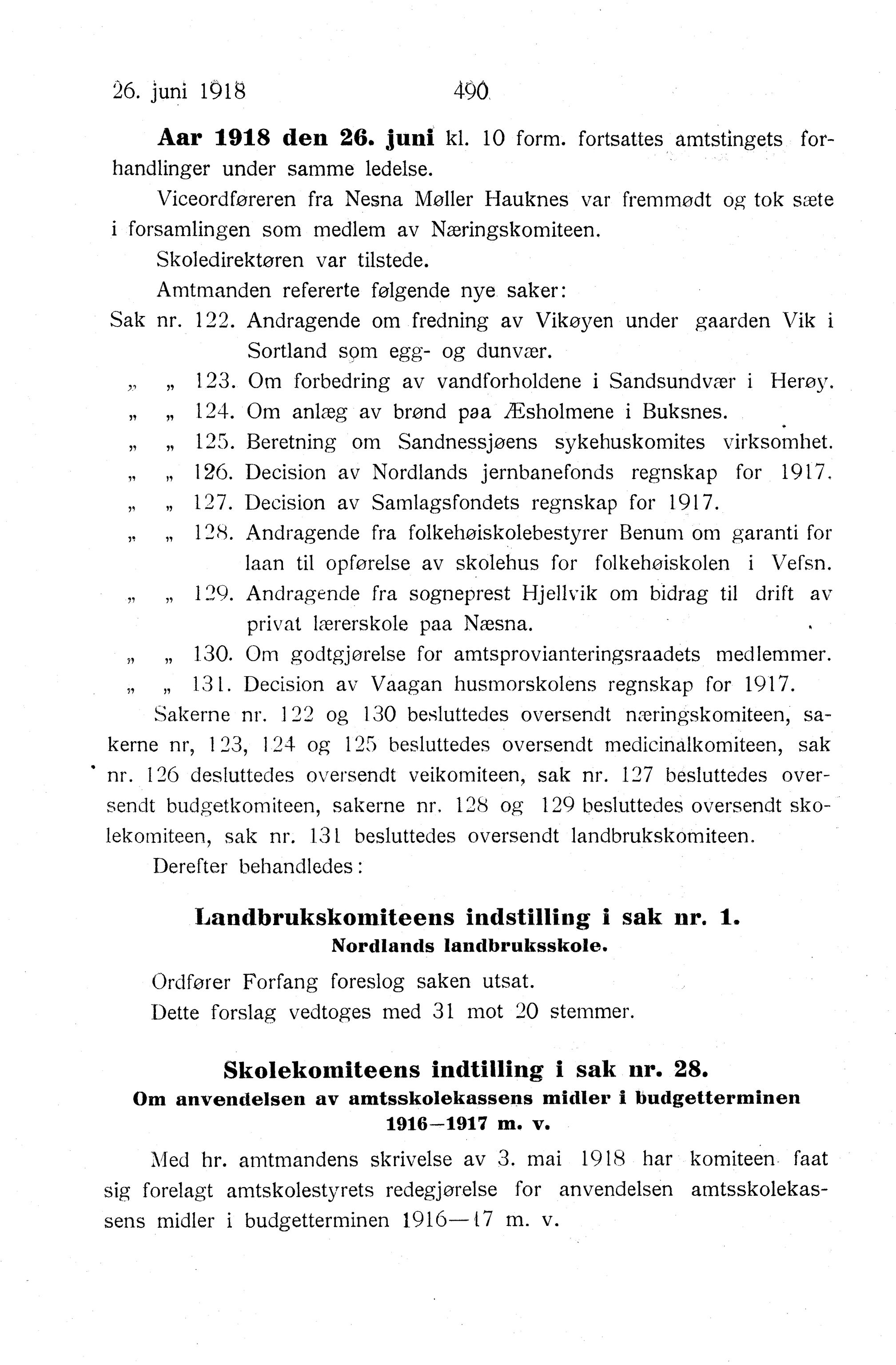 Nordland Fylkeskommune. Fylkestinget, AIN/NFK-17/176/A/Ac/L0041: Fylkestingsforhandlinger 1918, 1918, p. 490